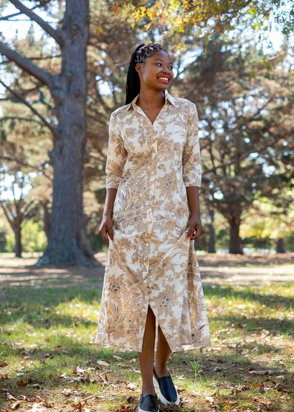 Betty Button dress, Taupe and Black Floral