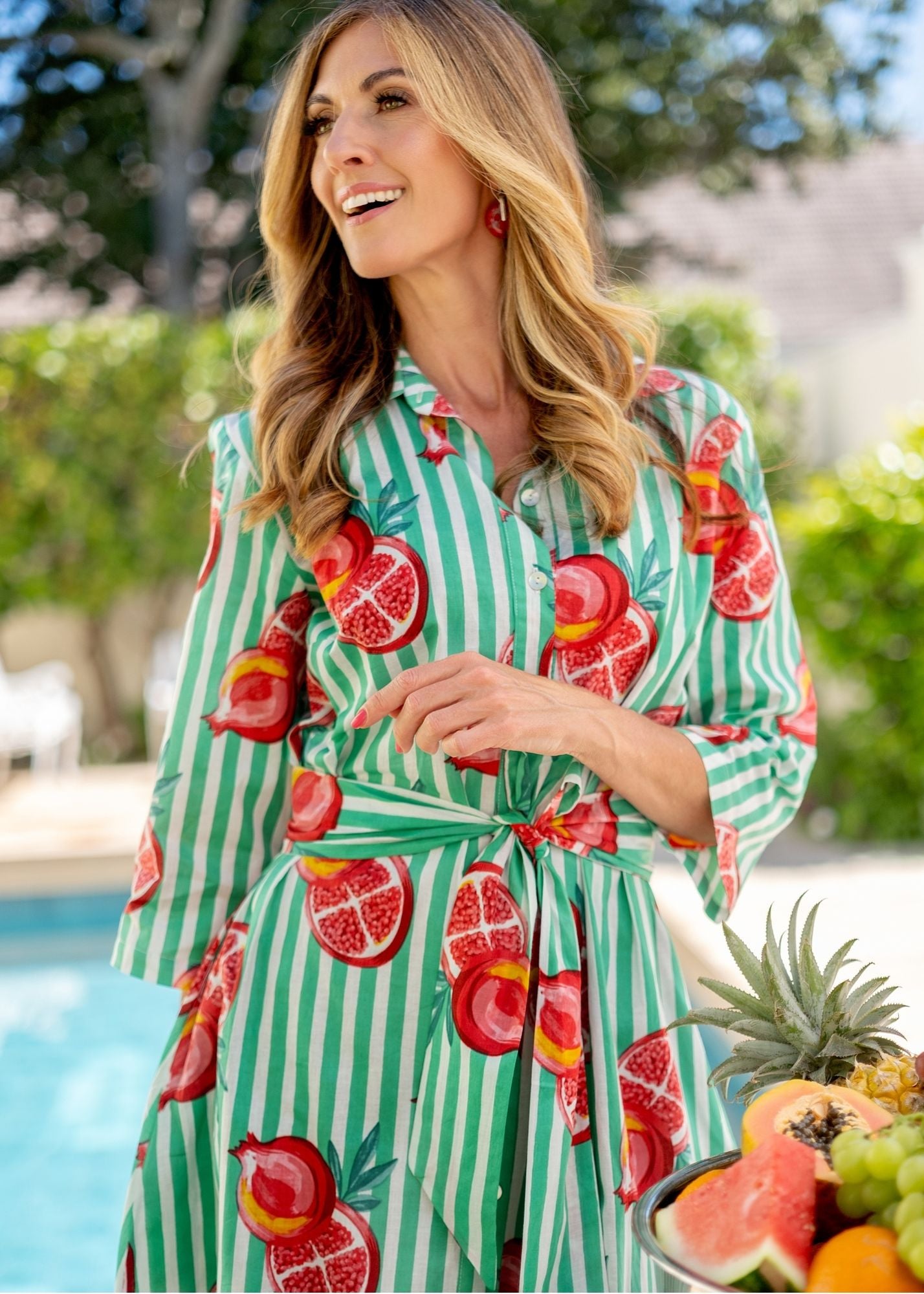 Betty Button dress Short, Teal Pomegranate Candy Stripes