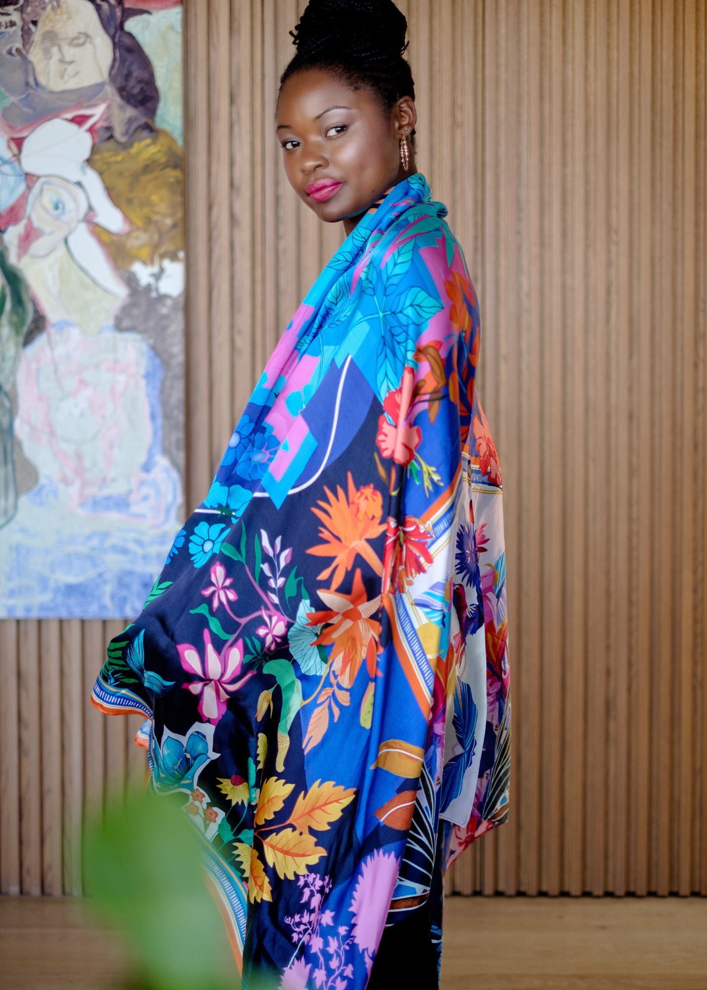 100% Silk Scarf in Rainbow Flowers
