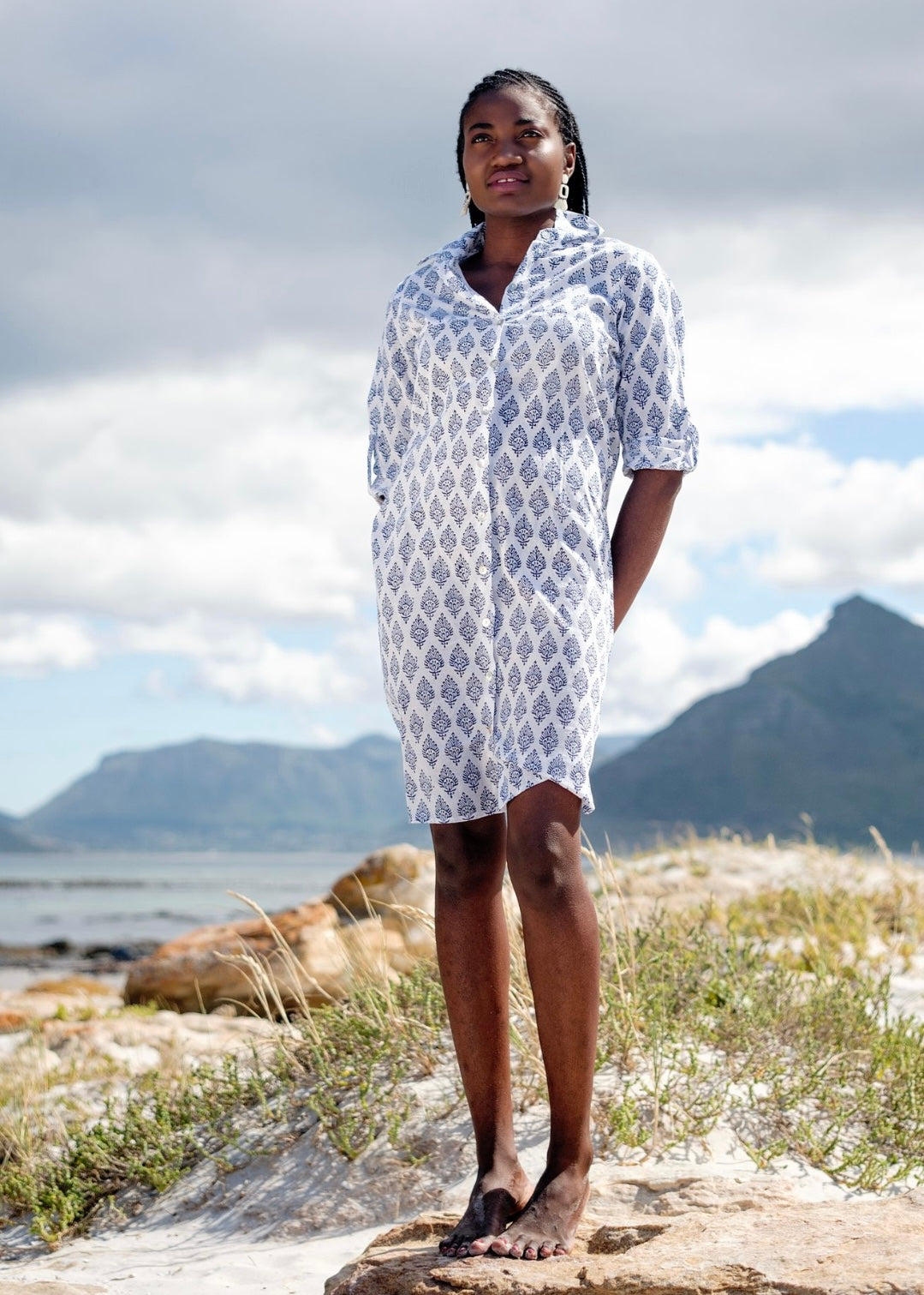 Pia dress, navy and white small pattern