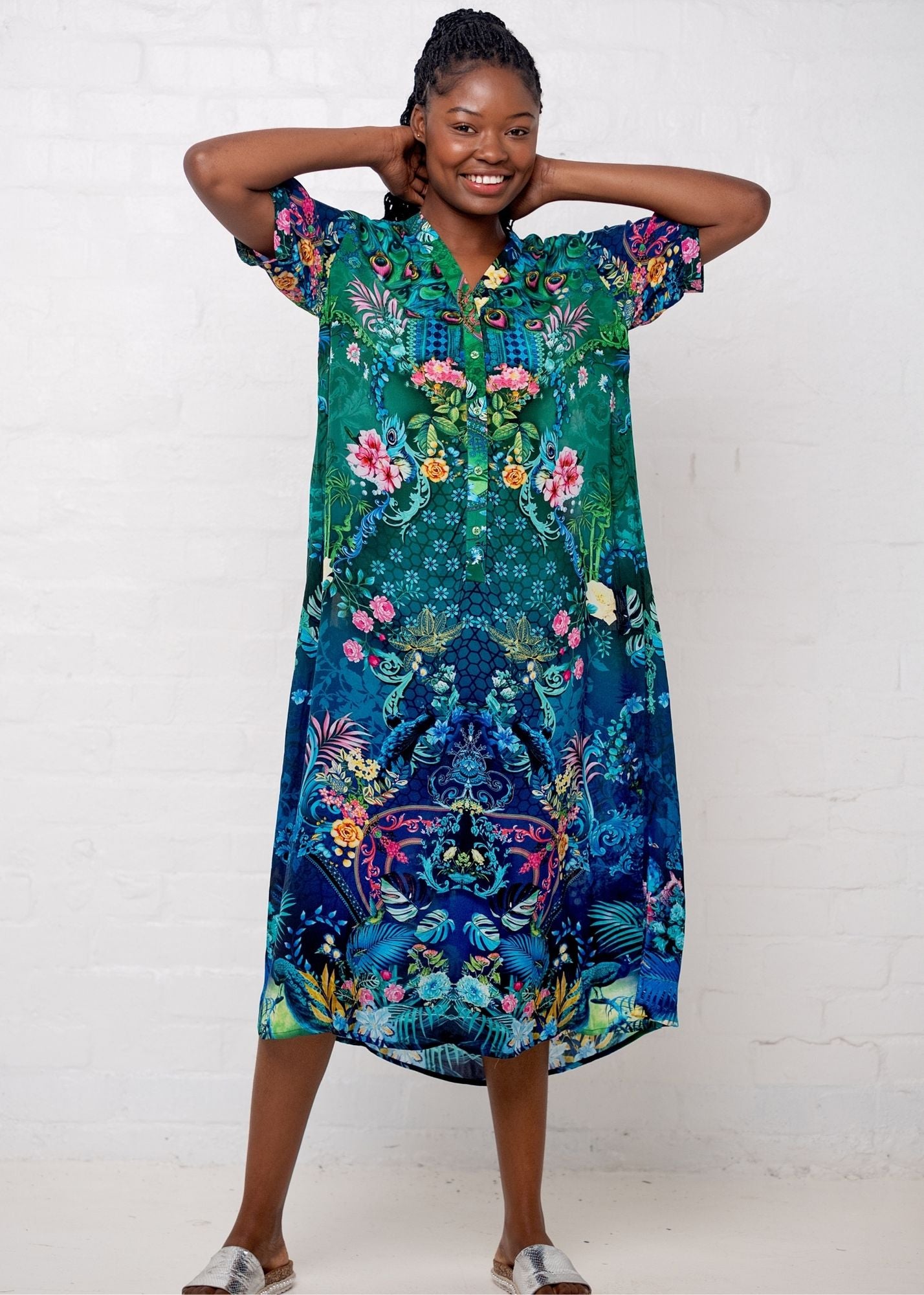 Maxine Dress in Blue and Green Peacock