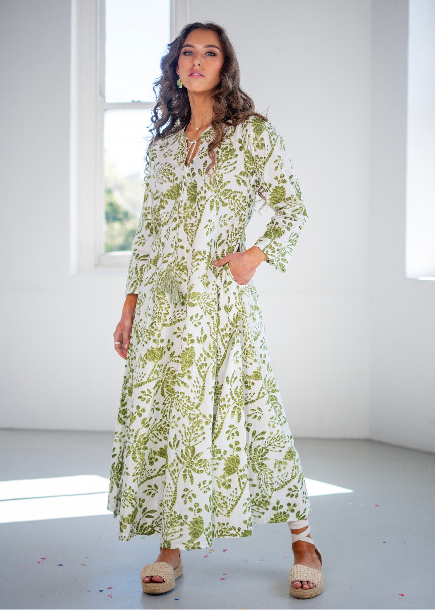 Asta Dress in Green and White Ikat