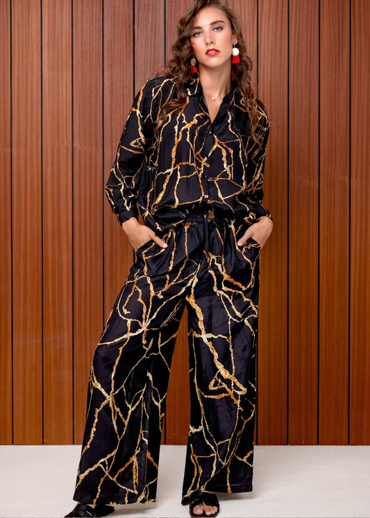Unice Pants Suit in Black and Gold Marble