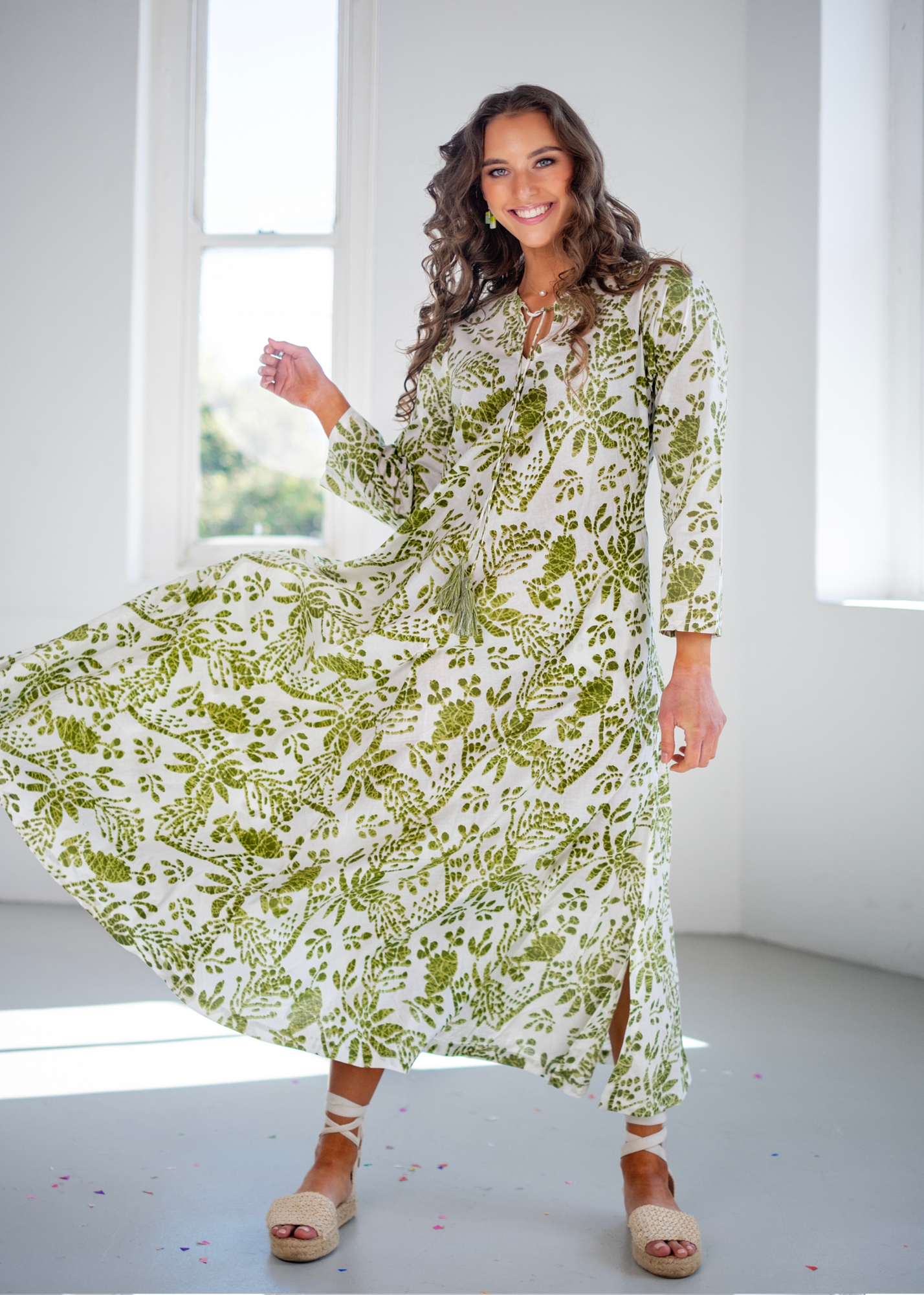 Asta Dress in Green and White Ikat