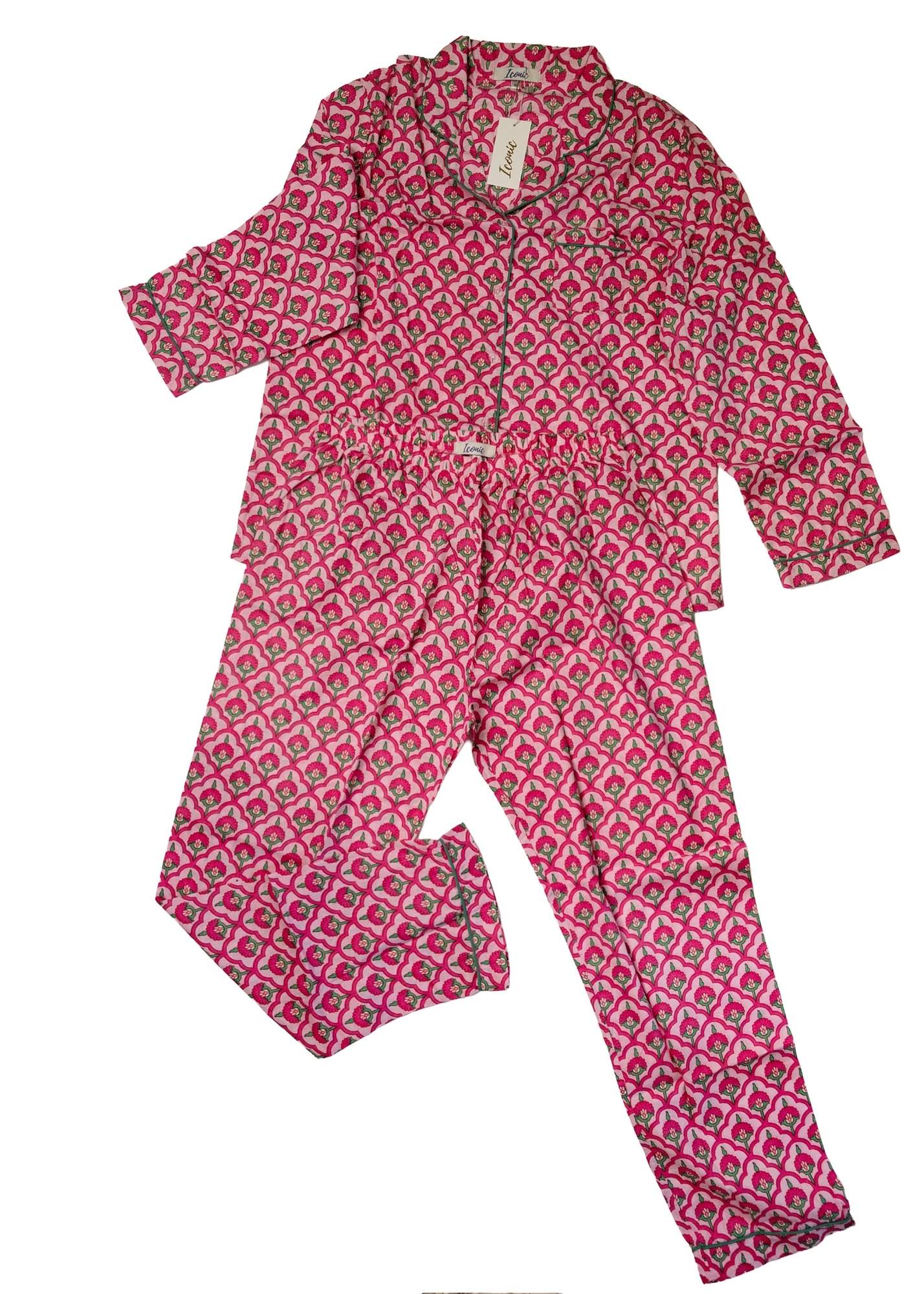 Long PJ Set in Pink and Green Tulip