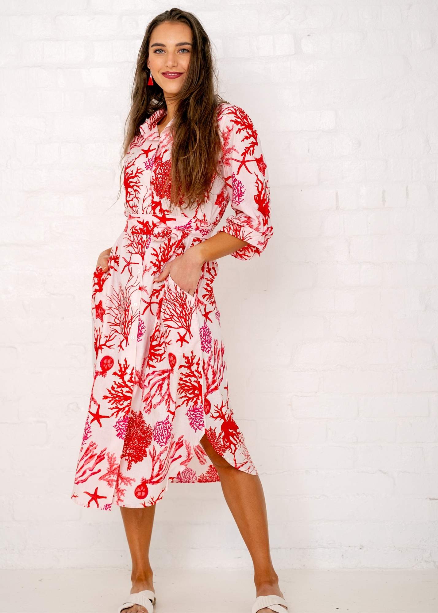 Laura Shirt Dress Red and White Coral Print - Available 6 December 2024