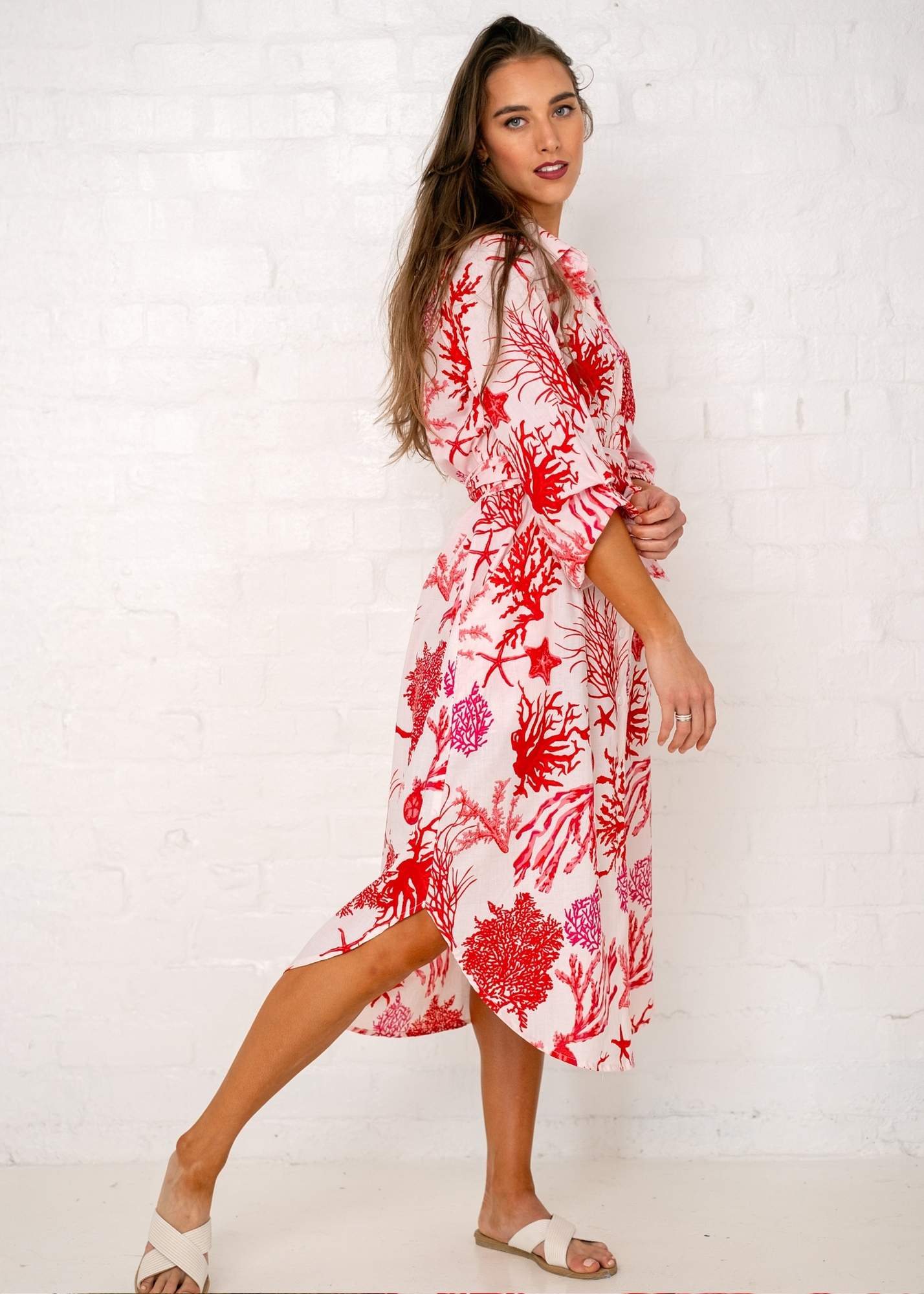Laura Shirt Dress Red and White Coral Print - Available 6 December 2024