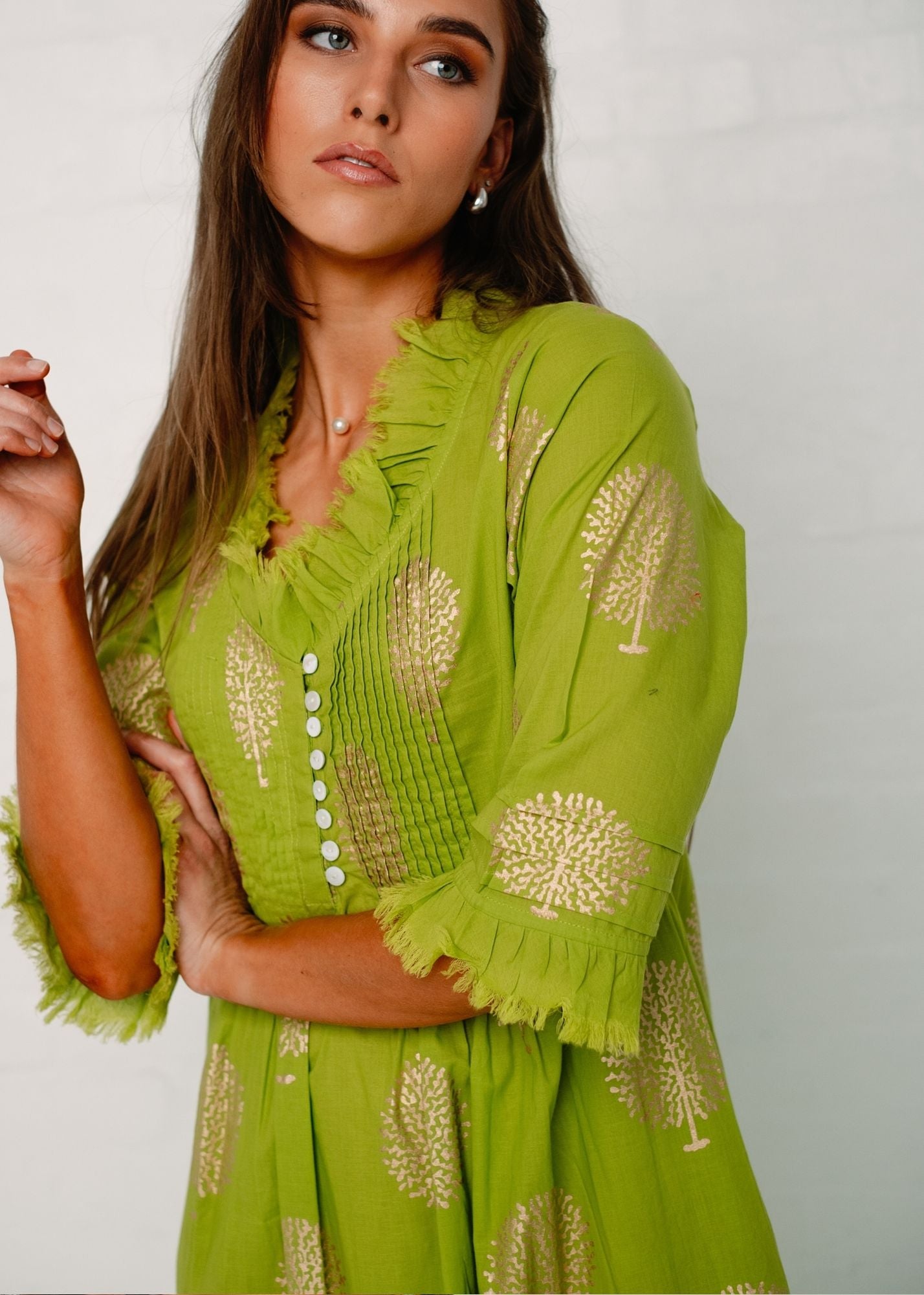 Sarah dress in Lime with Gold Tree (Long Length)