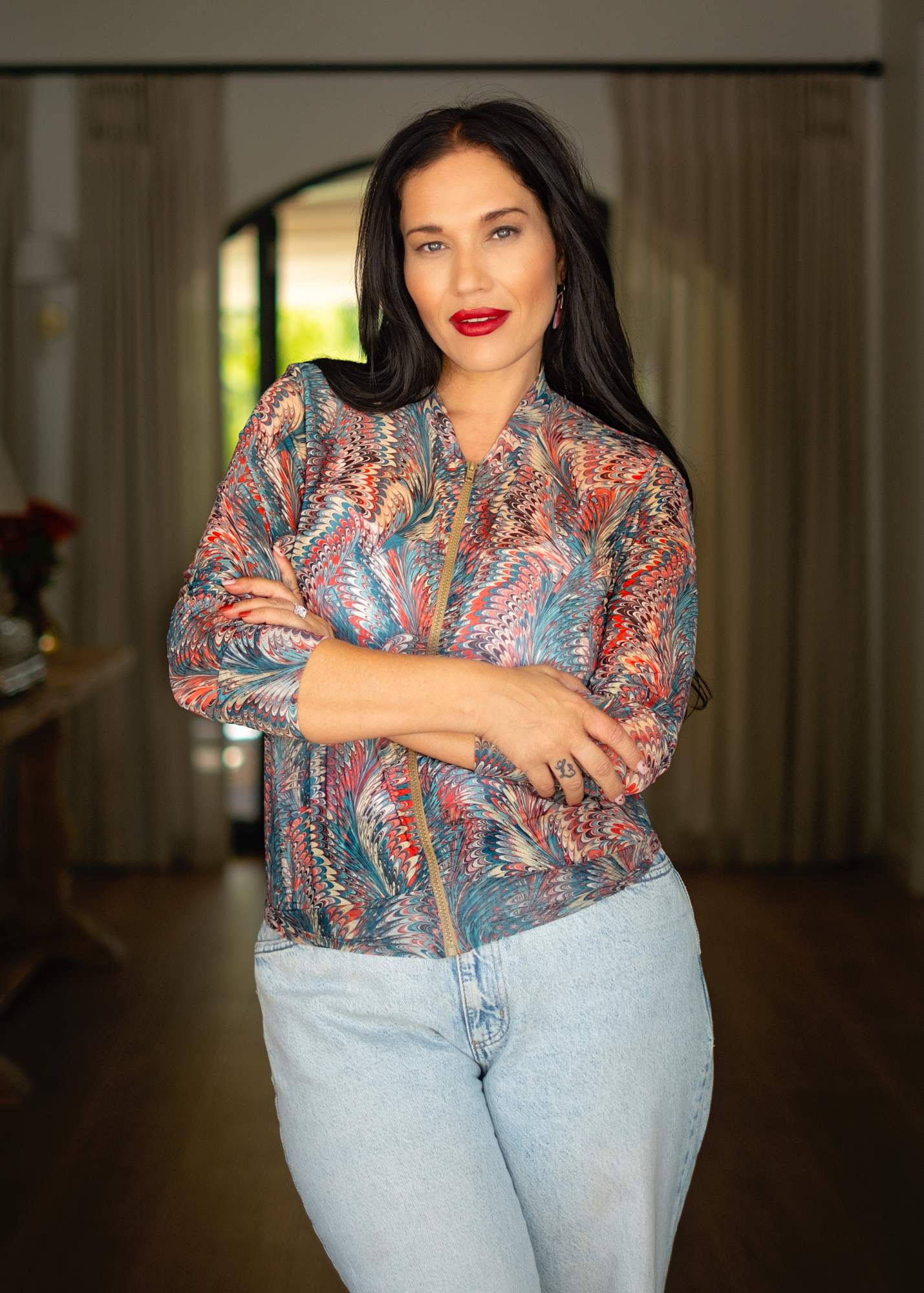 Mesh bomber jacket, Coral and Turquoise Marble Swirl