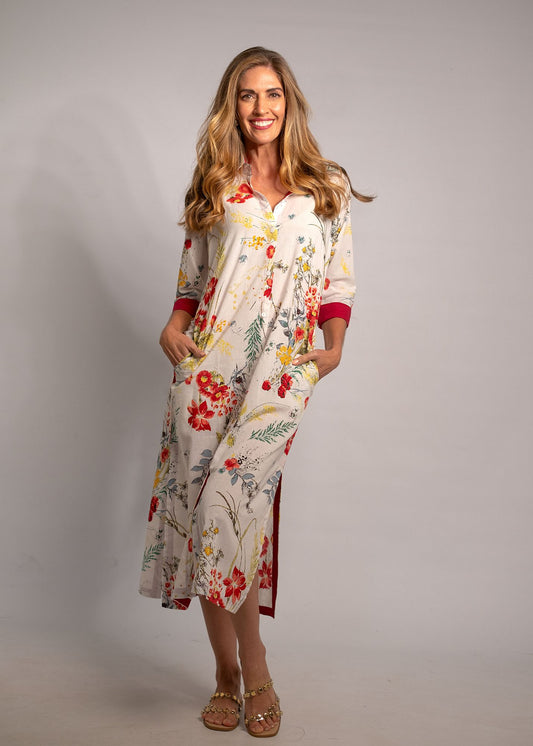 Emma dress in White with Red Floral with Red Contrast