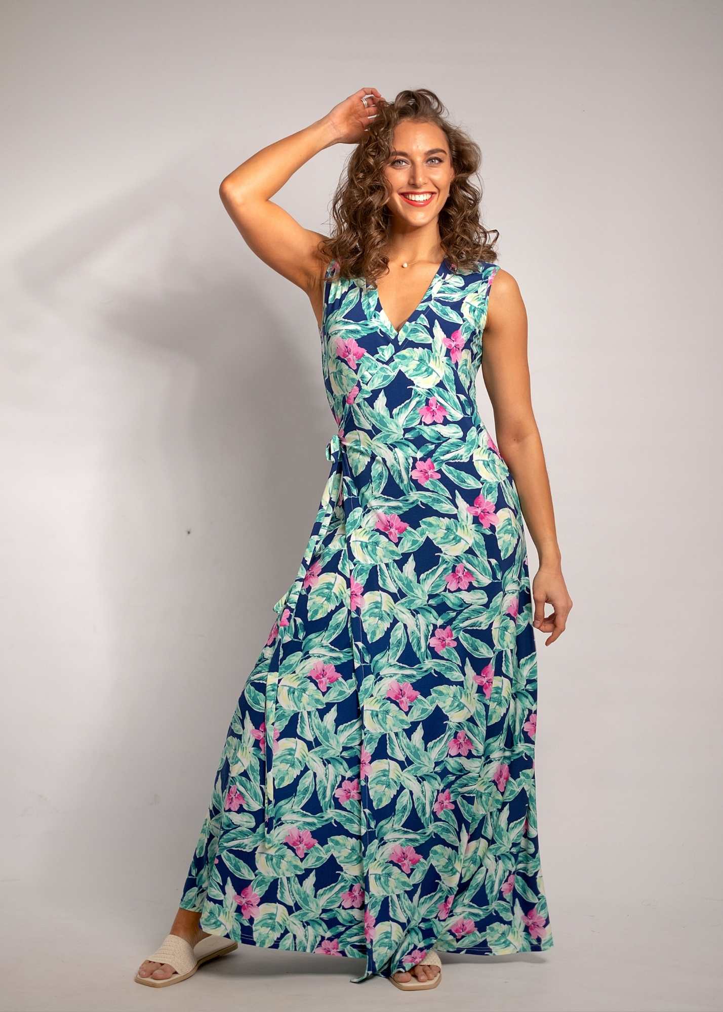 Sleeveless Maxi Wrap dress , Blue and Pink Floral