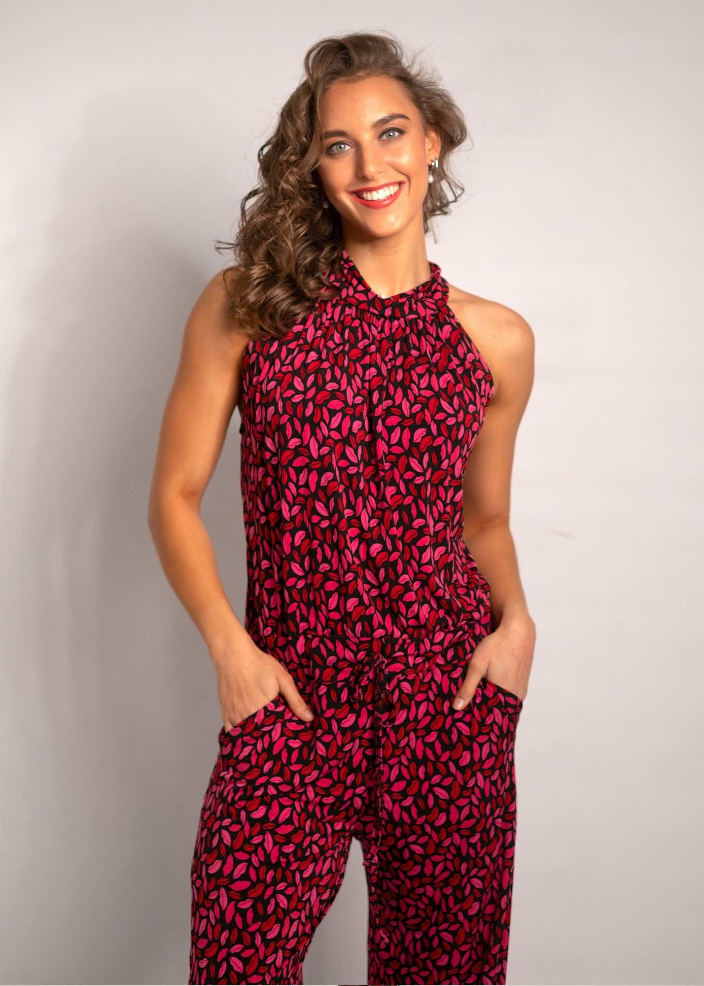 Halterneck jumpsuit, Black and Red