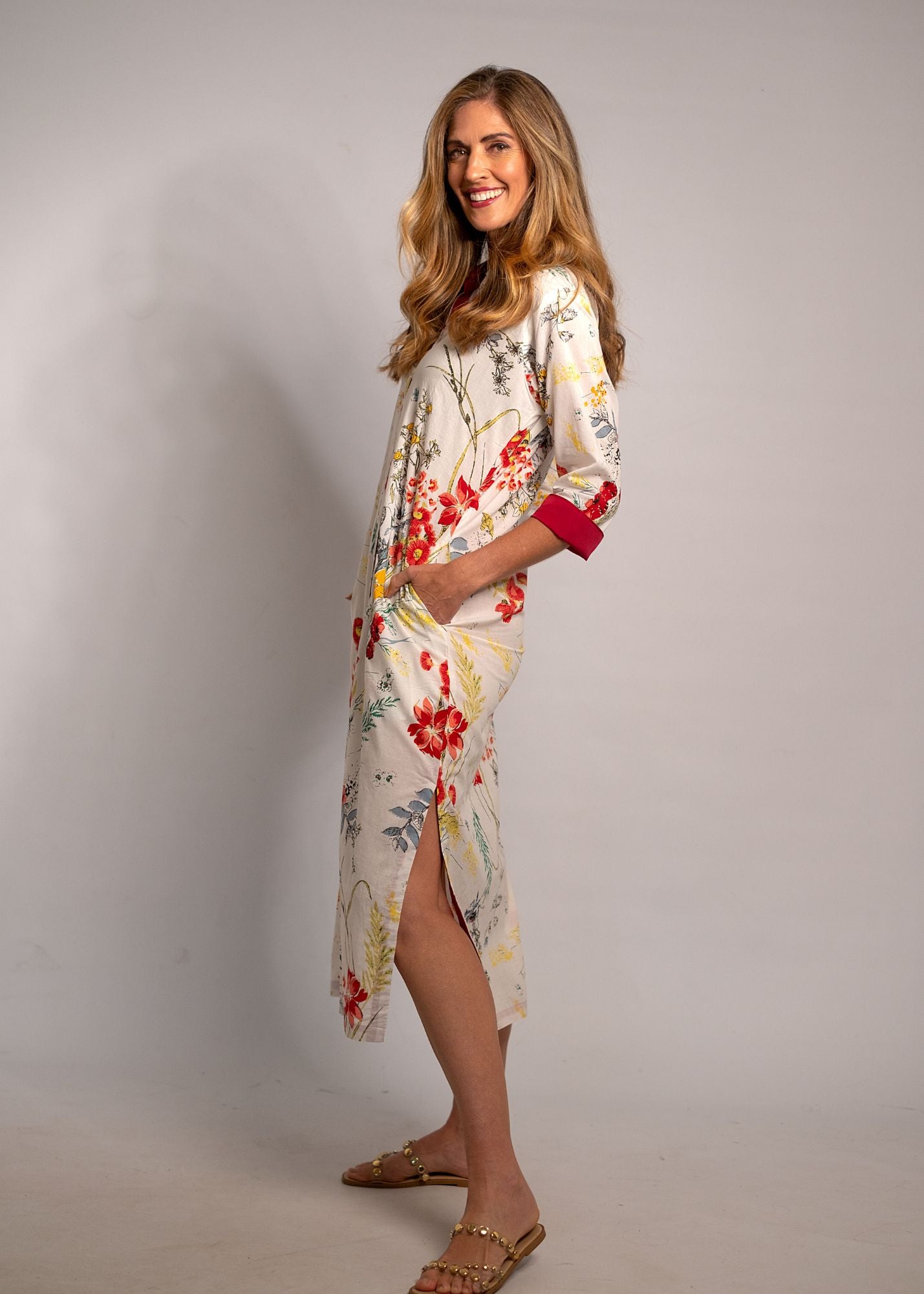 Emma dress in White with Red Floral with Red Contrast