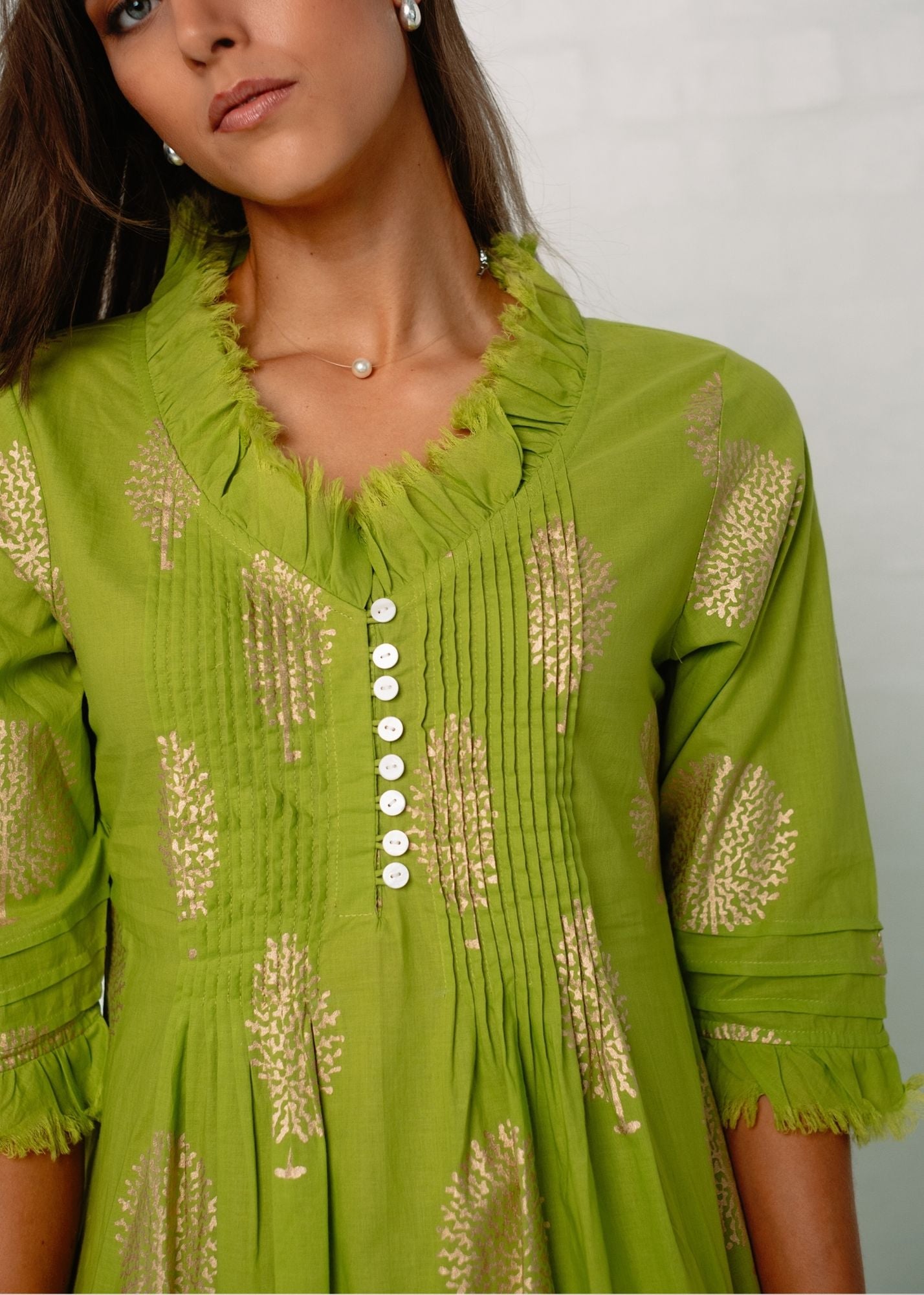 Sarah dress in Lime with Gold Tree (Long Length)