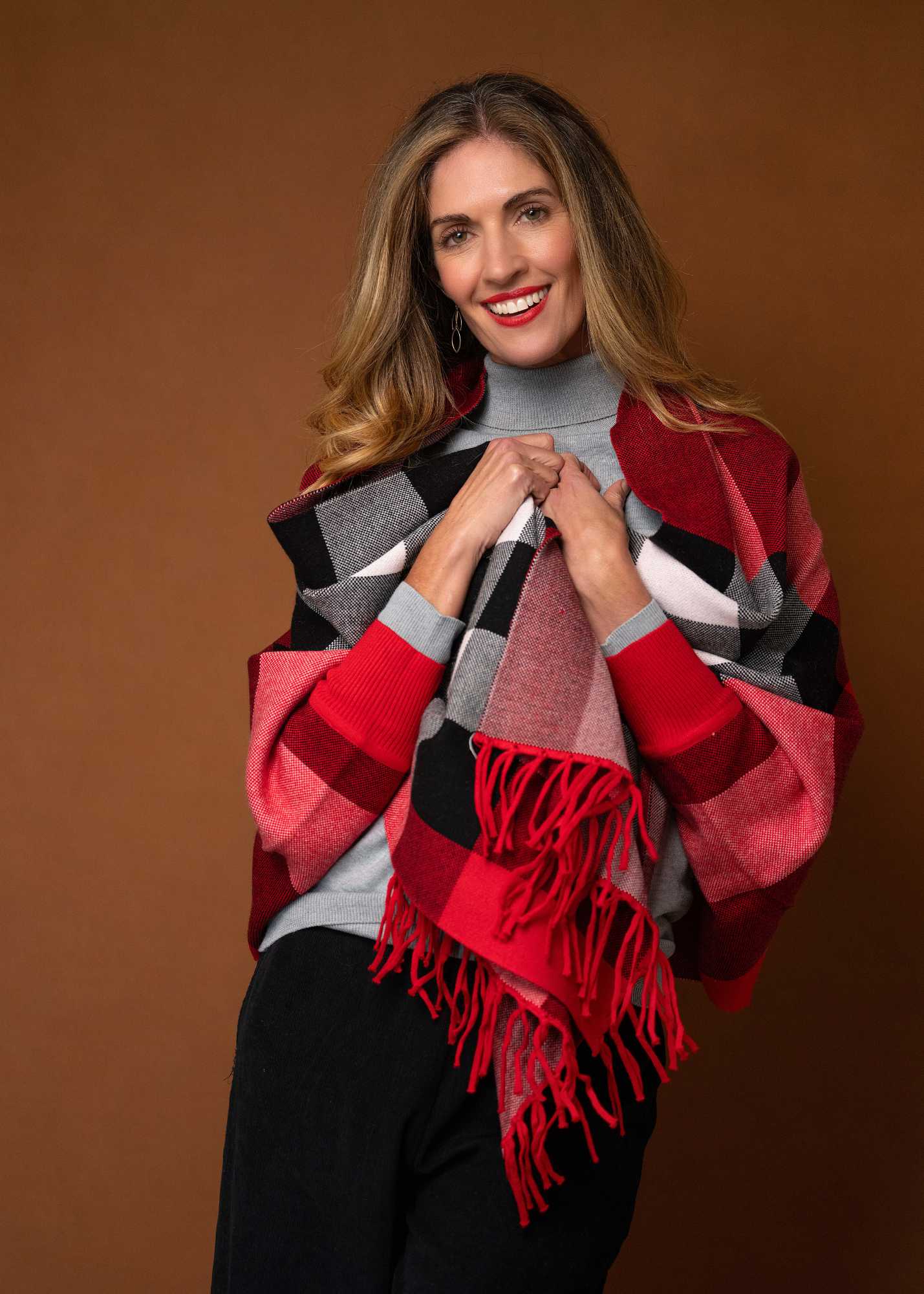 The Milan Knit Wrap with Sleeves – Red and Black Check