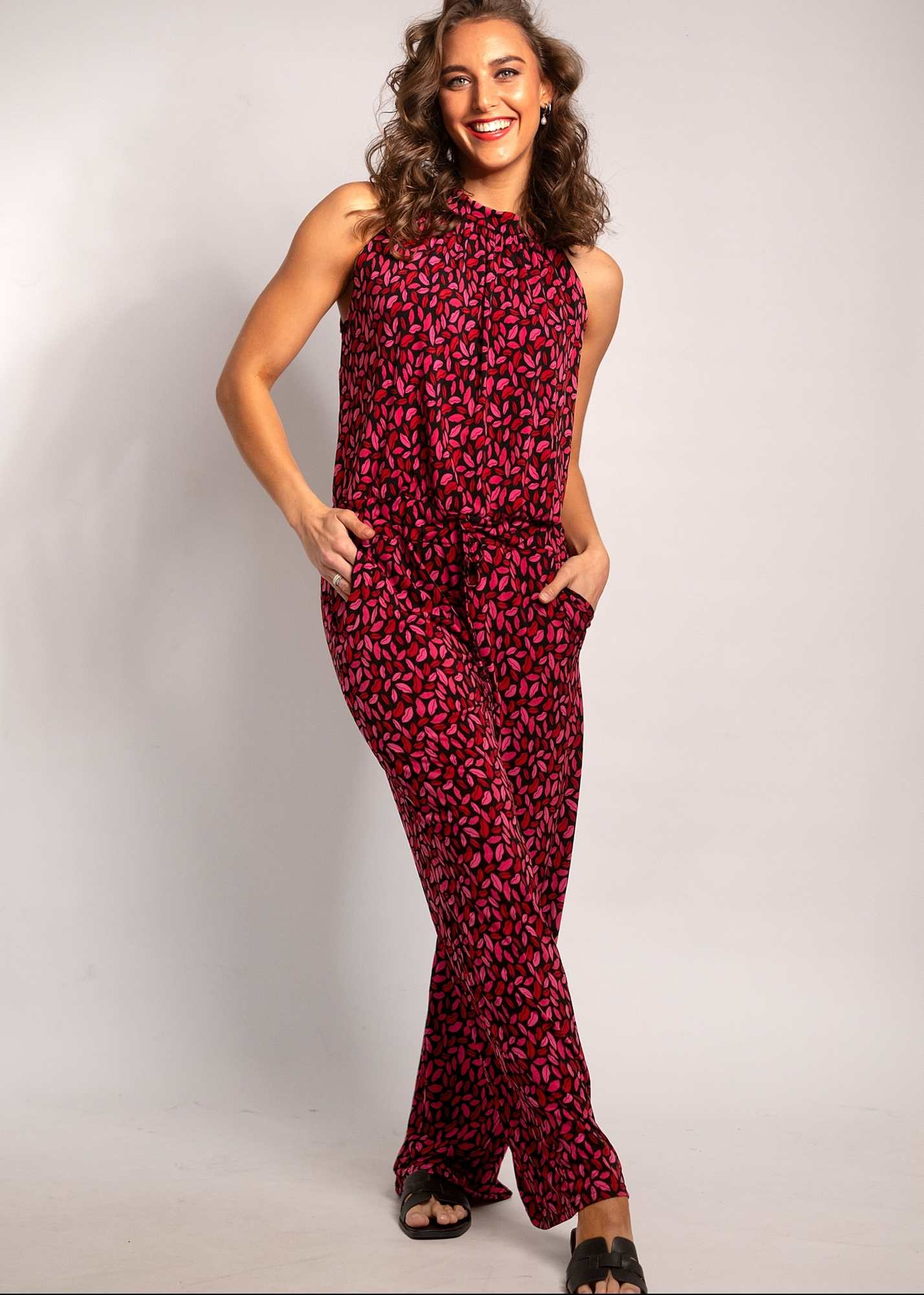 Halterneck jumpsuit, Black and Red