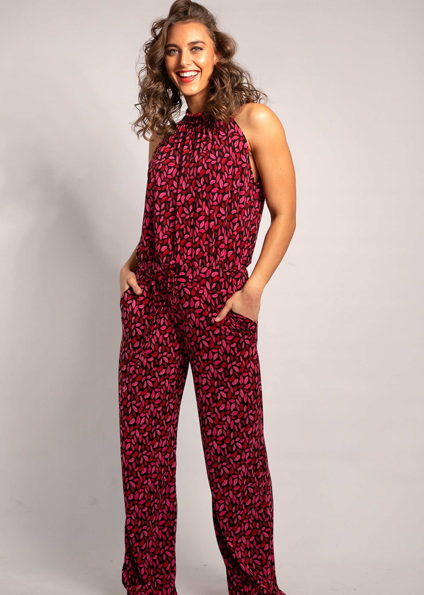 Halterneck jumpsuit, Black and Red