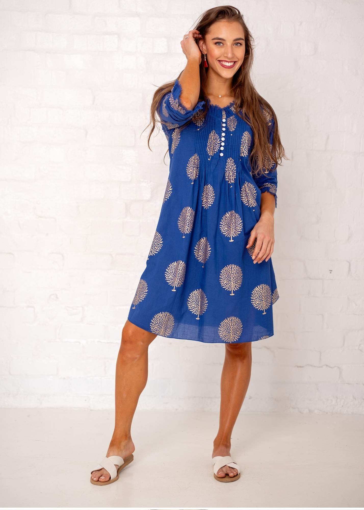 Sarah dress in blue with Gold Trees