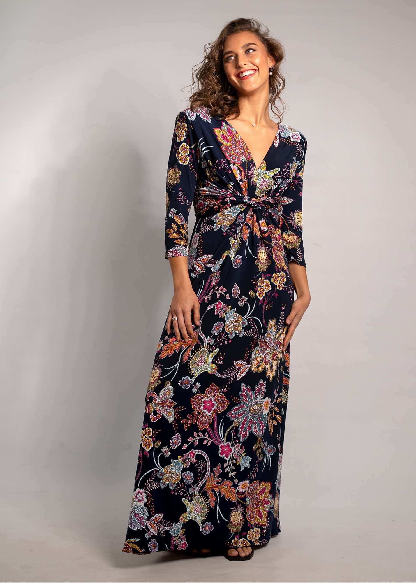 Paris knot dress, Navy Floral 3/4 sleeve