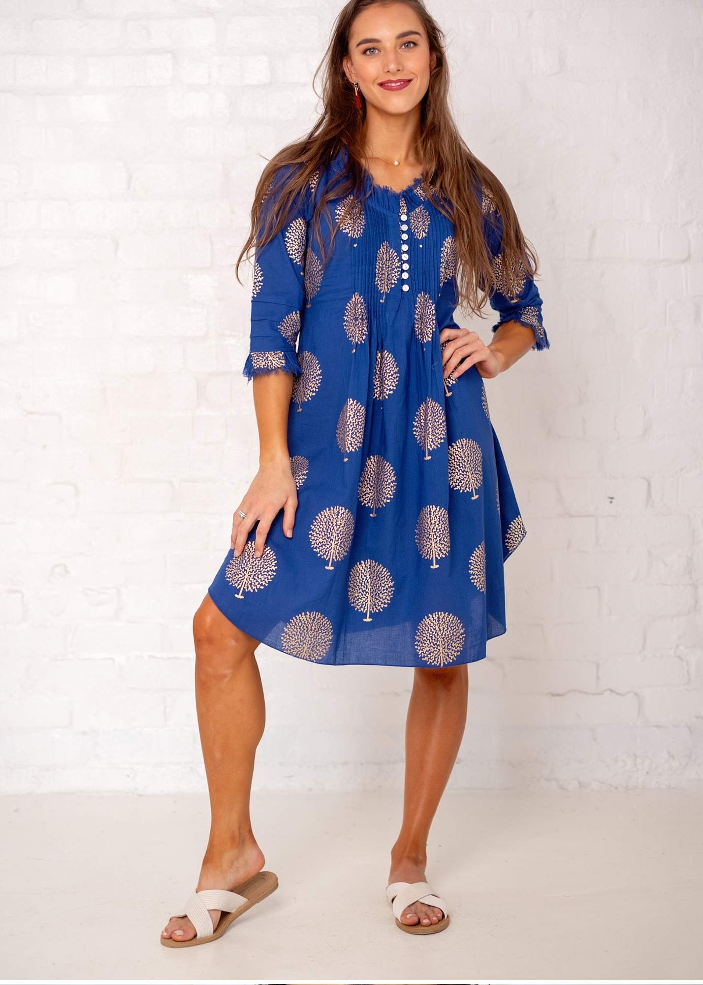 Sarah dress in blue with Gold Trees
