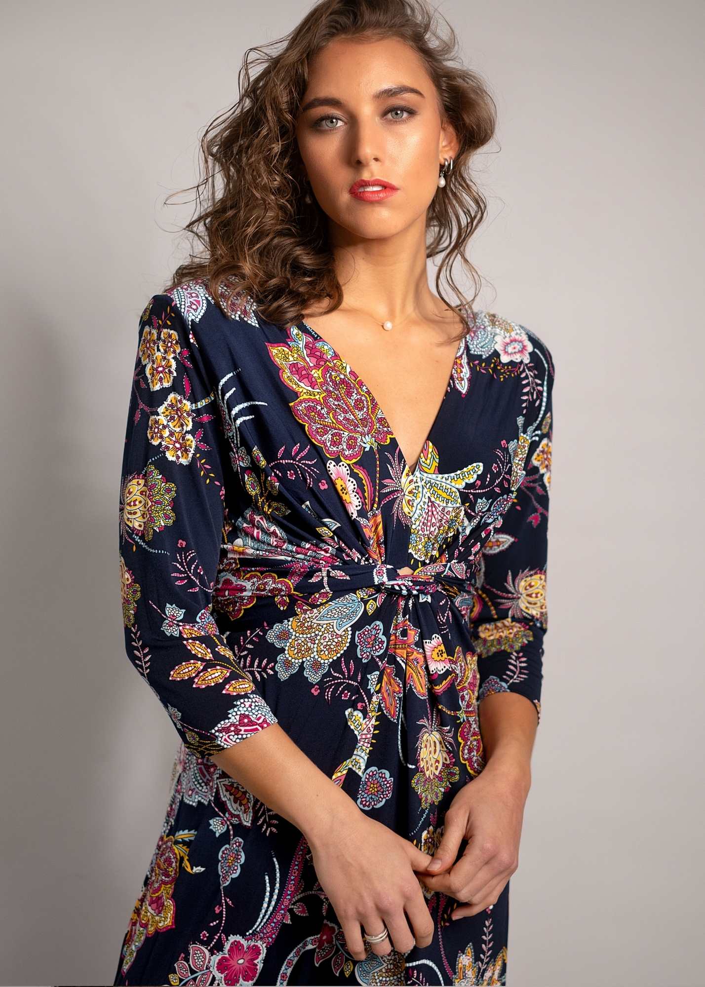Paris knot dress, Navy Floral 3/4 sleeve