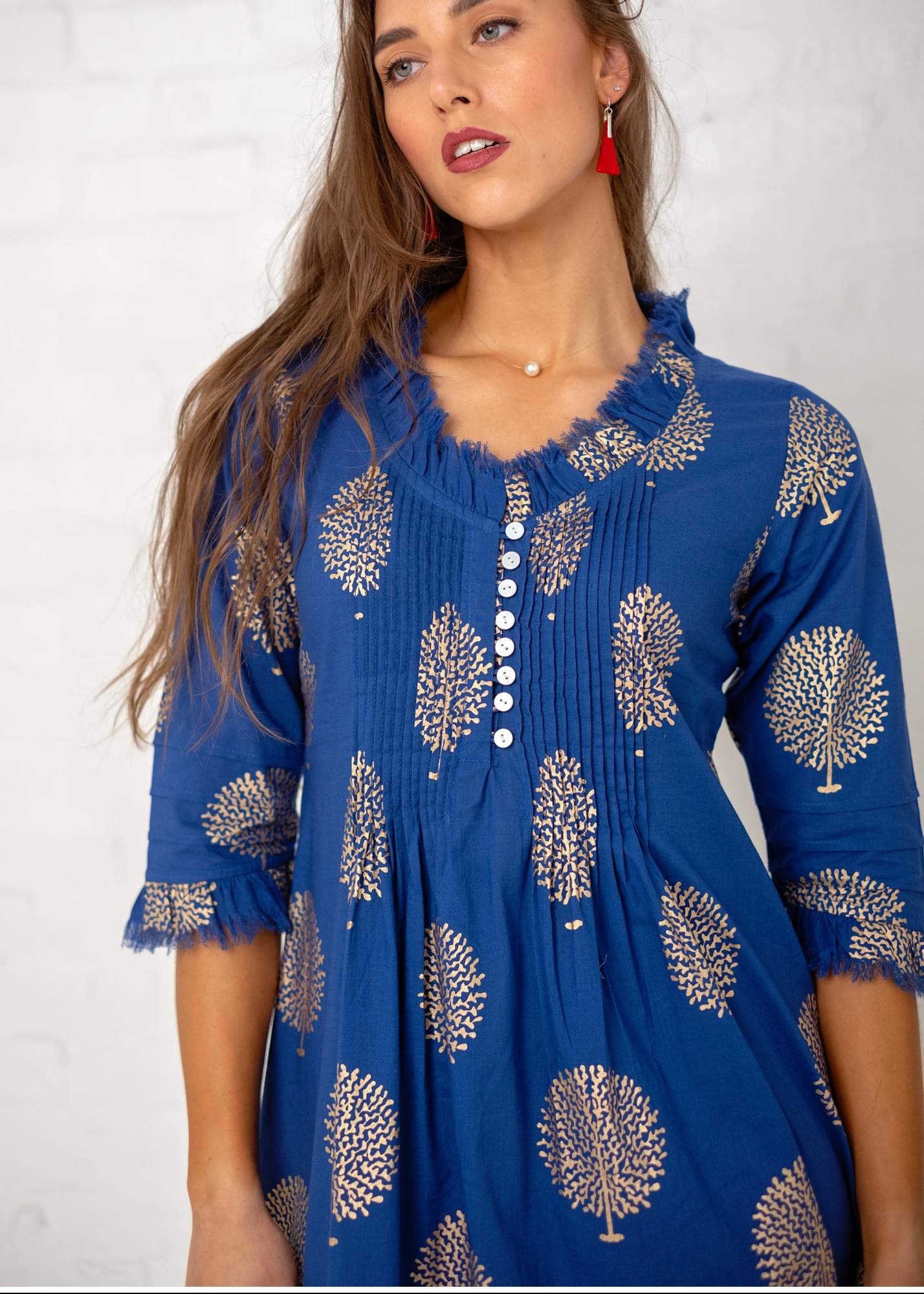 Sarah dress in blue with Gold Trees