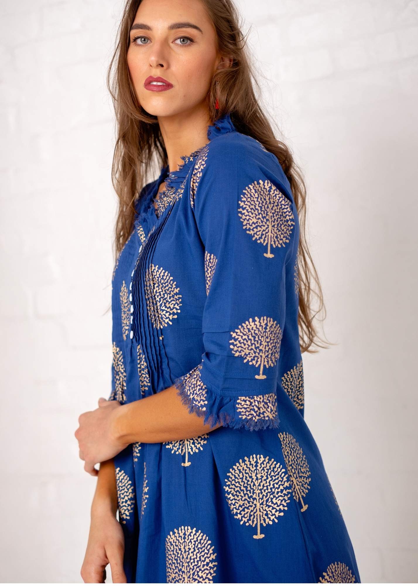 Sarah dress in blue with Gold Trees