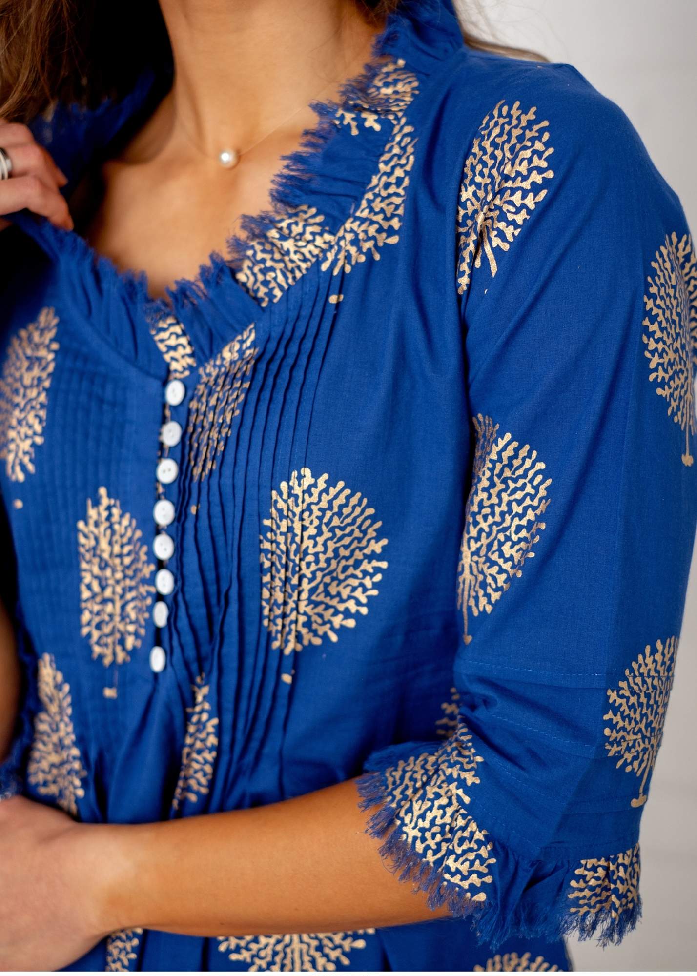 Sarah dress in blue with Gold Trees