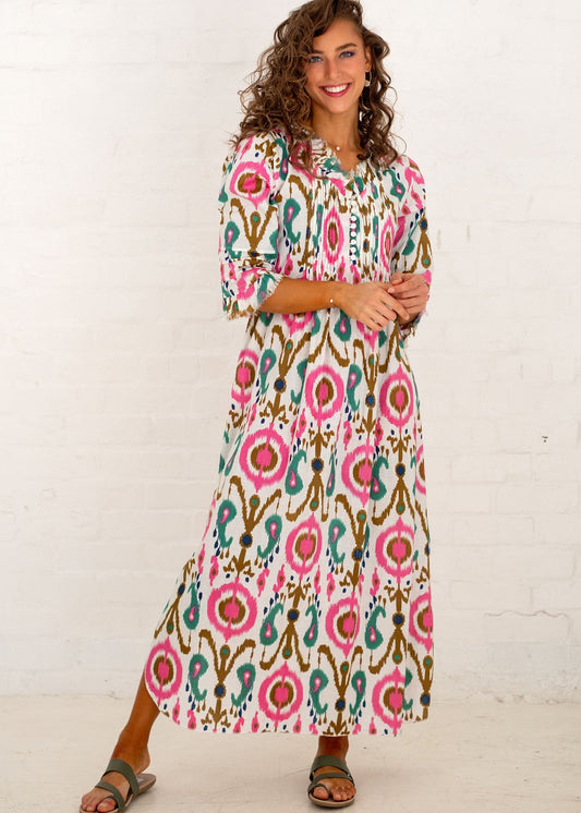 Sarah Dress with Frill in White and Pink Ikat Calf Length