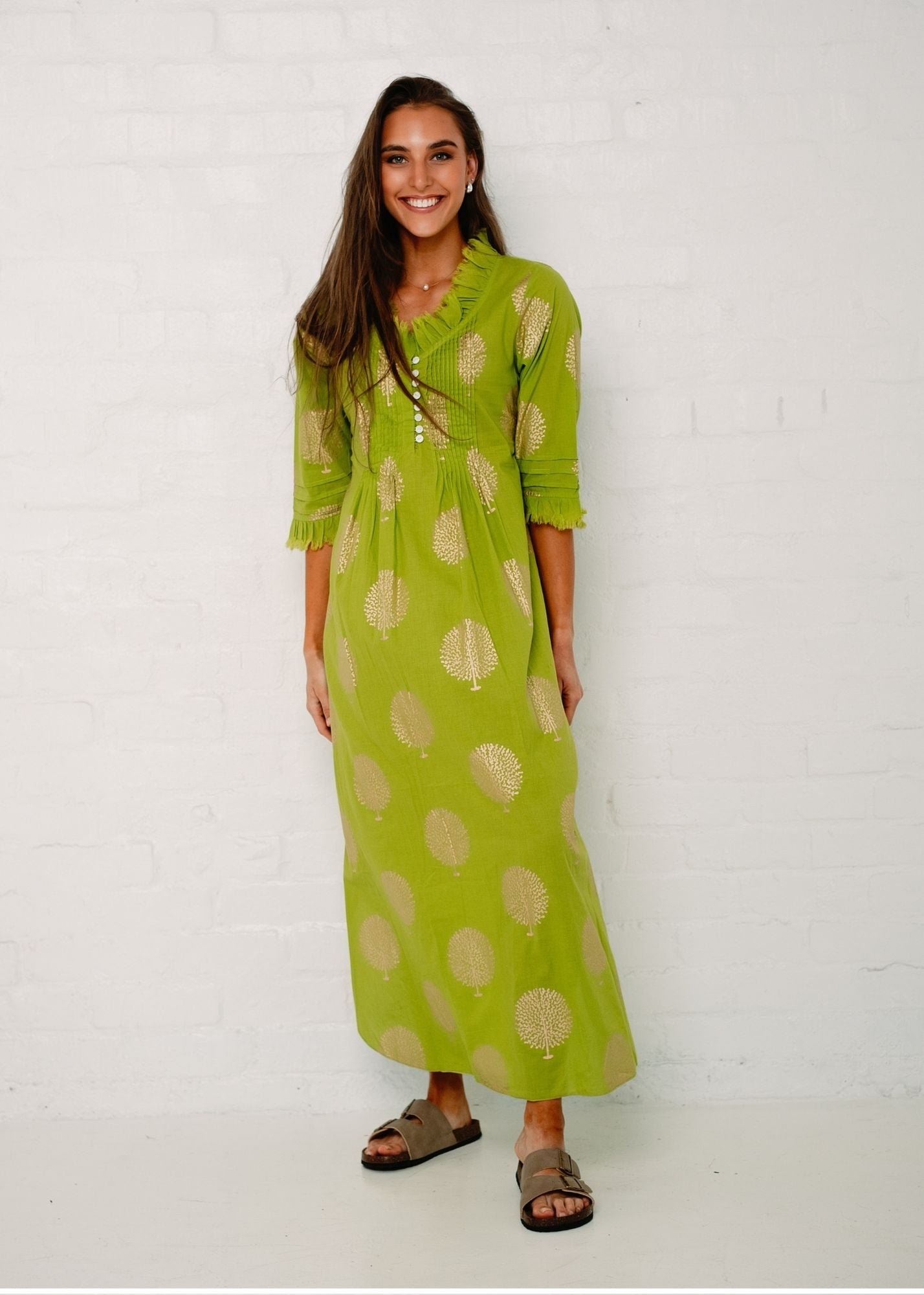 Sarah dress in Lime with Gold Tree (Long Length)