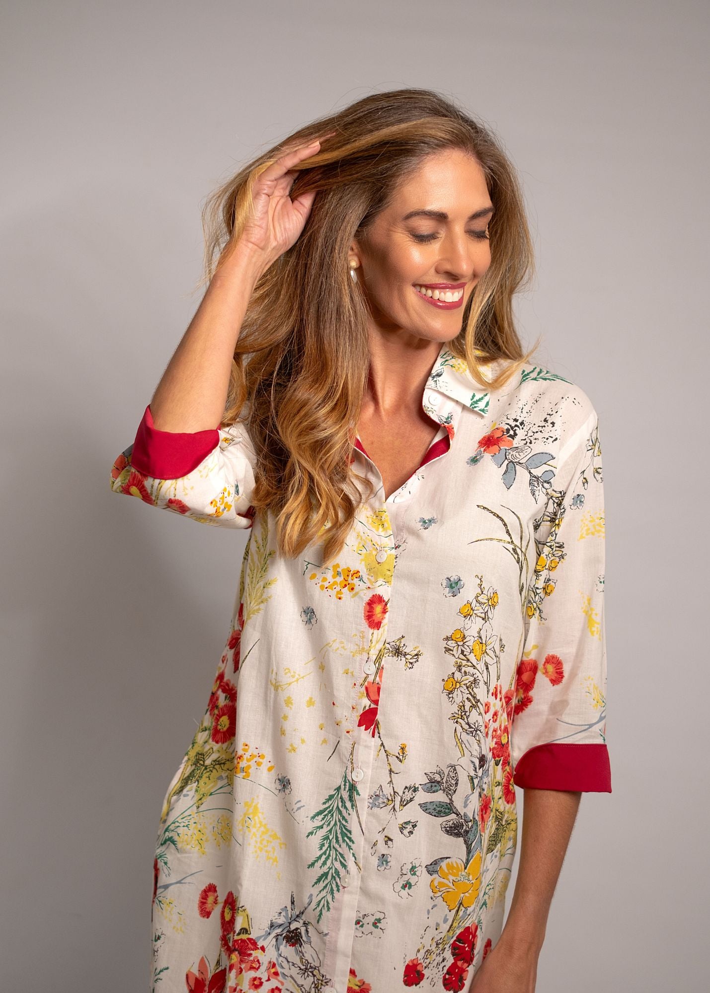 Emma dress in White with Red Floral with Red Contrast