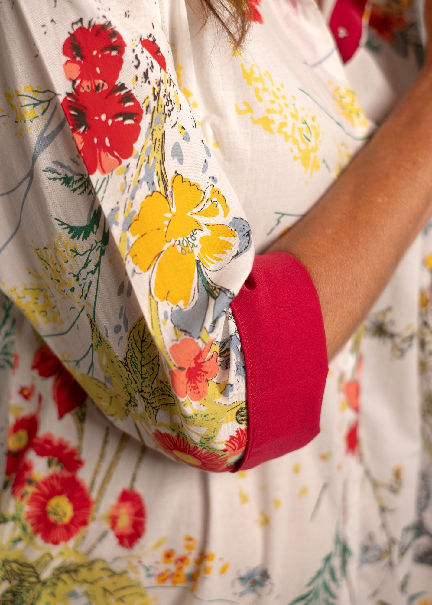 Emma dress in White with Red Floral with Red Contrast