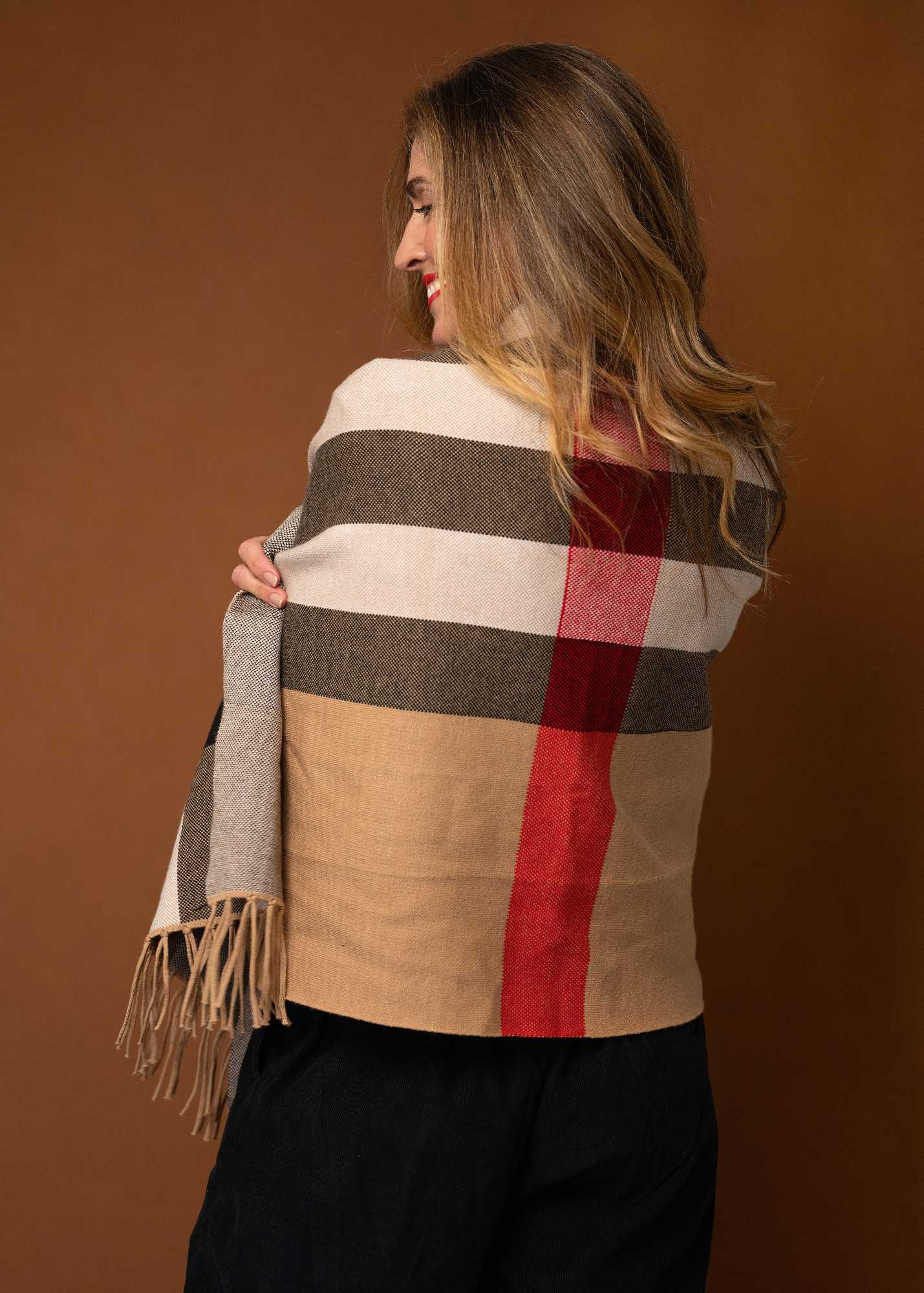 The Milan Knit Wrap with Sleeves – Stone and Black Stripes