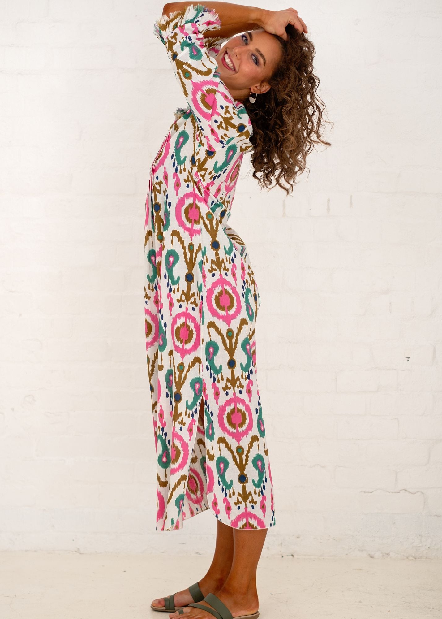 Sarah Dress with Frill in White and Pink Ikat Calf Length