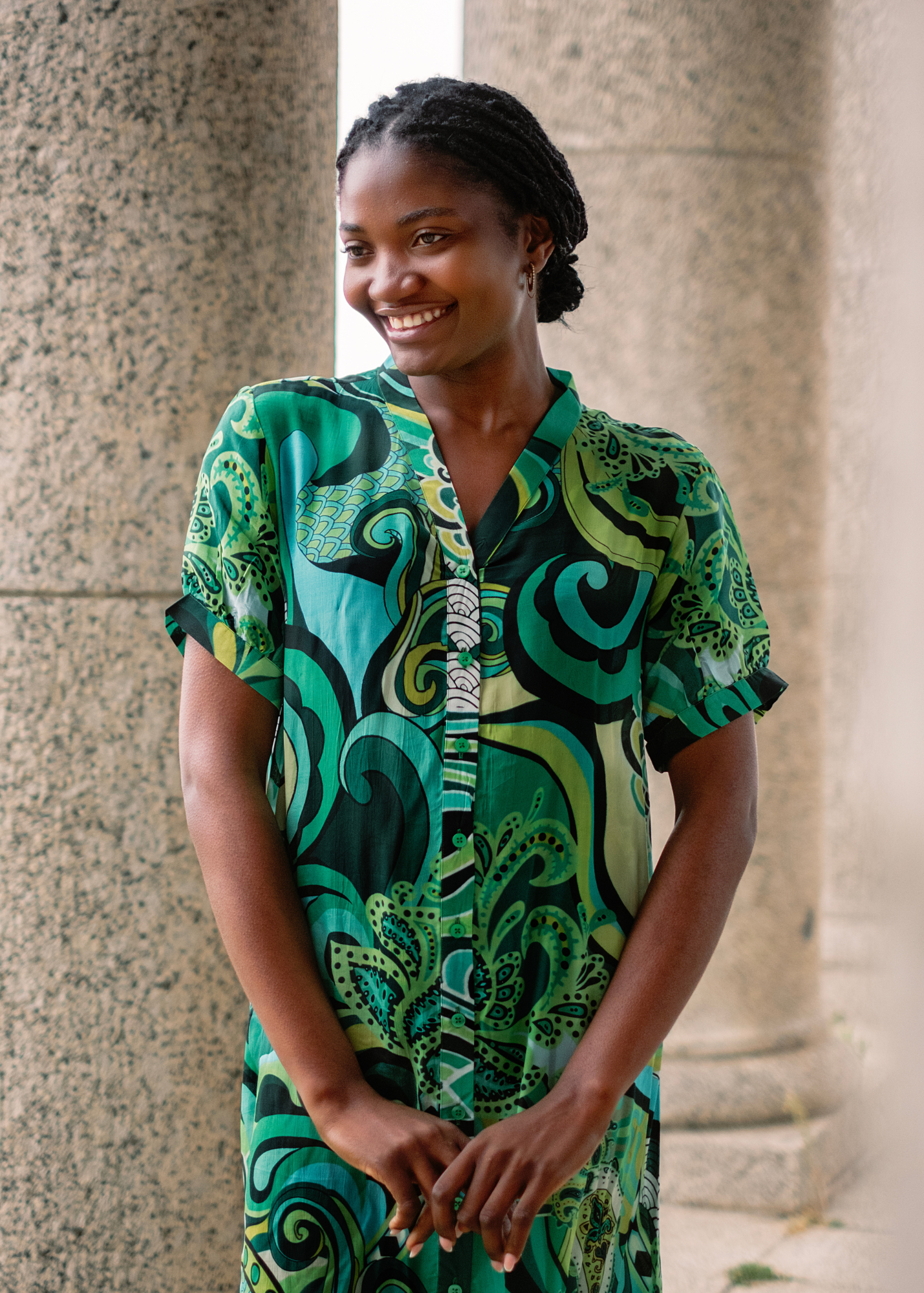 Maxine Dress - Knee length in Green paisley
