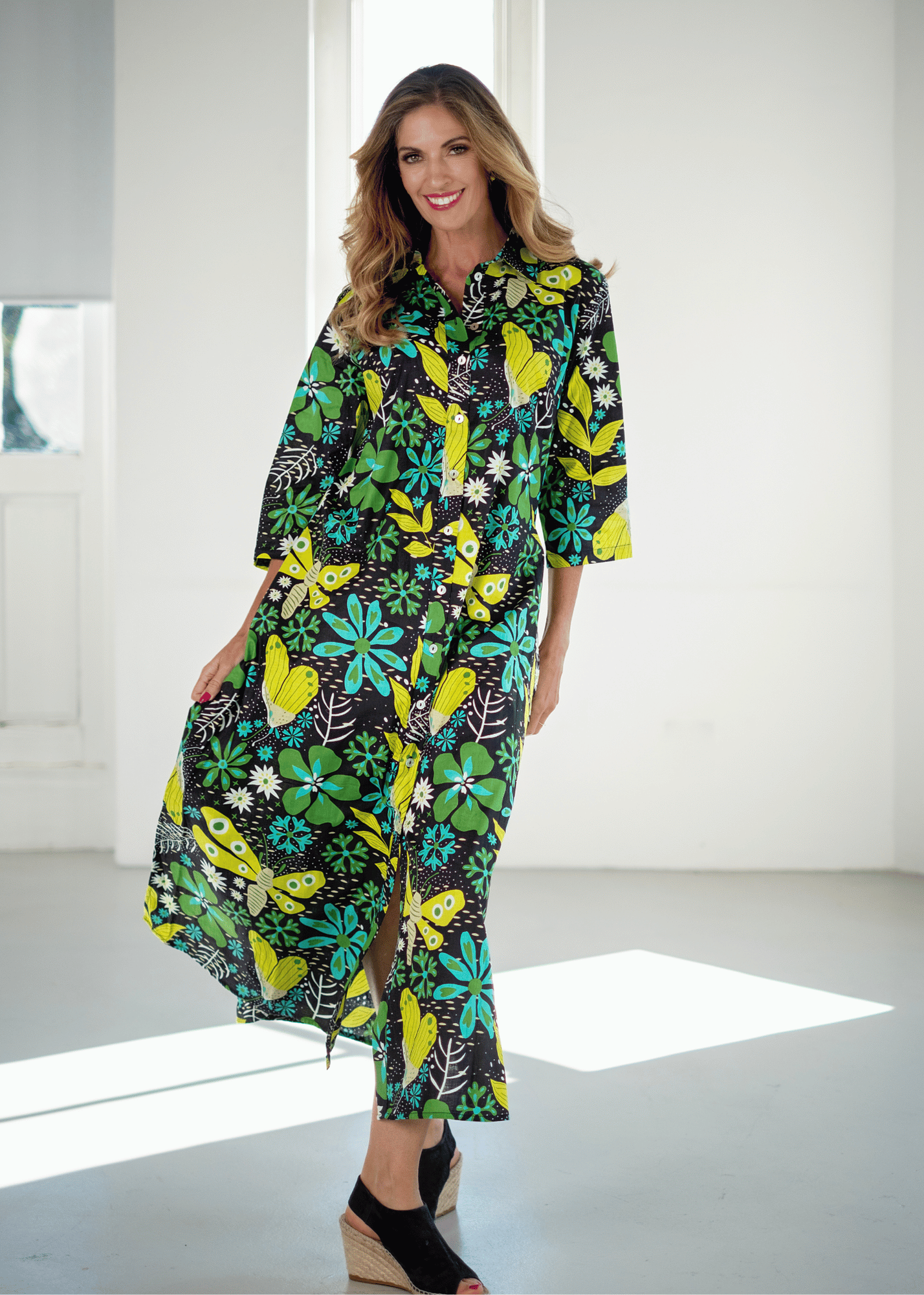 Betty Button dress, Black with Bold Lime