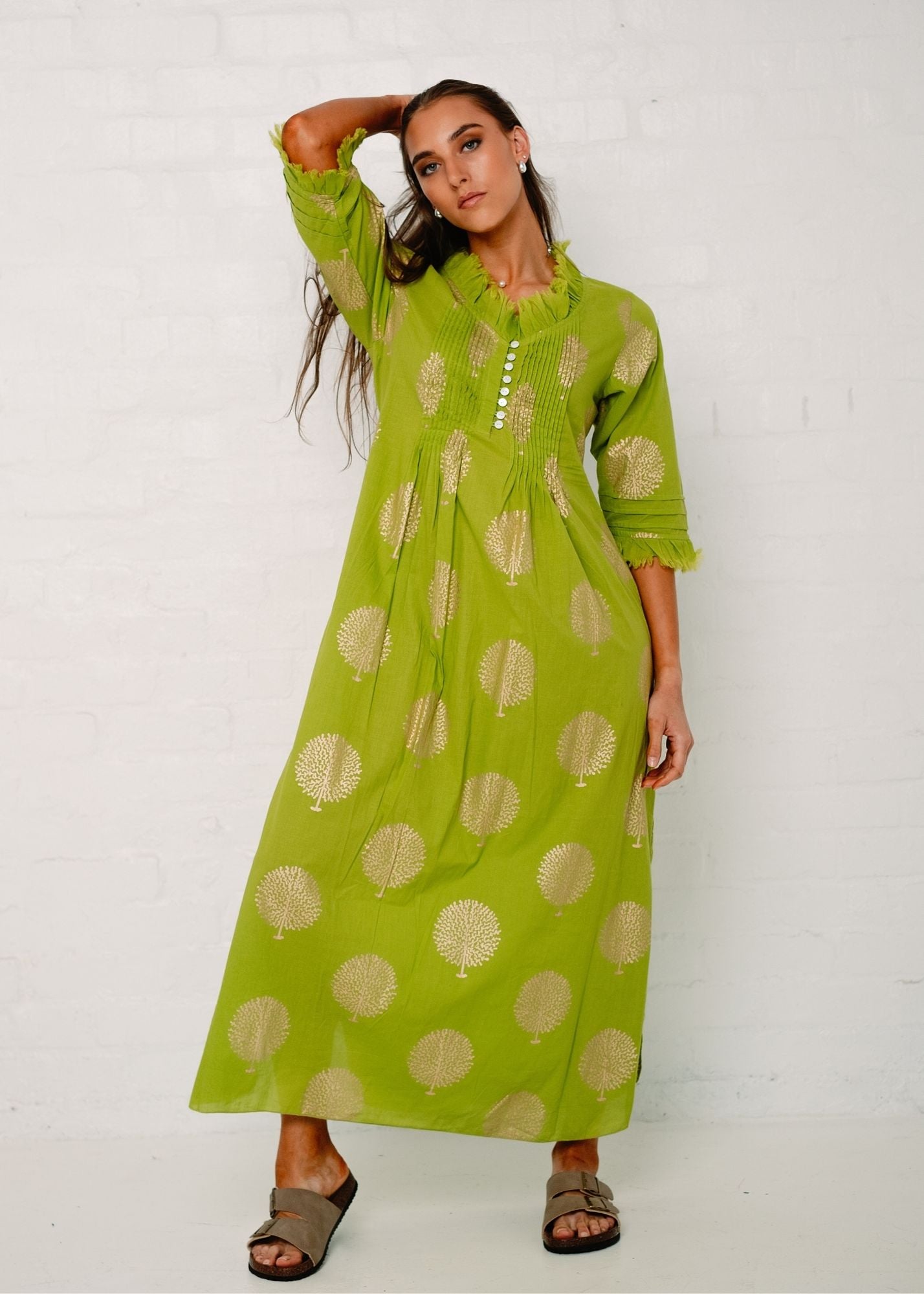 Sarah dress in Lime with Gold Tree (Long Length)