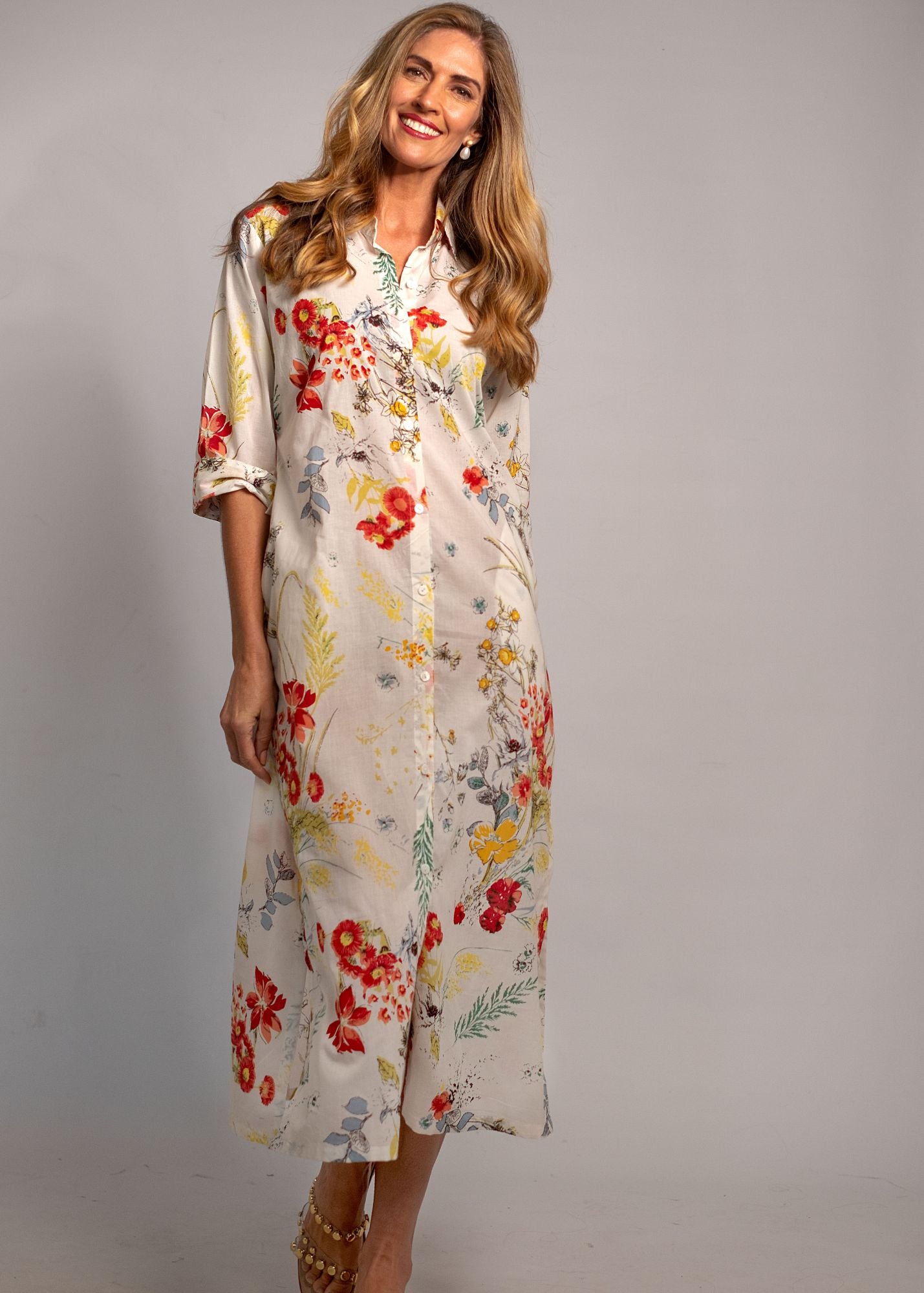 Emma dress in White with Red Floral NO CONTRAST