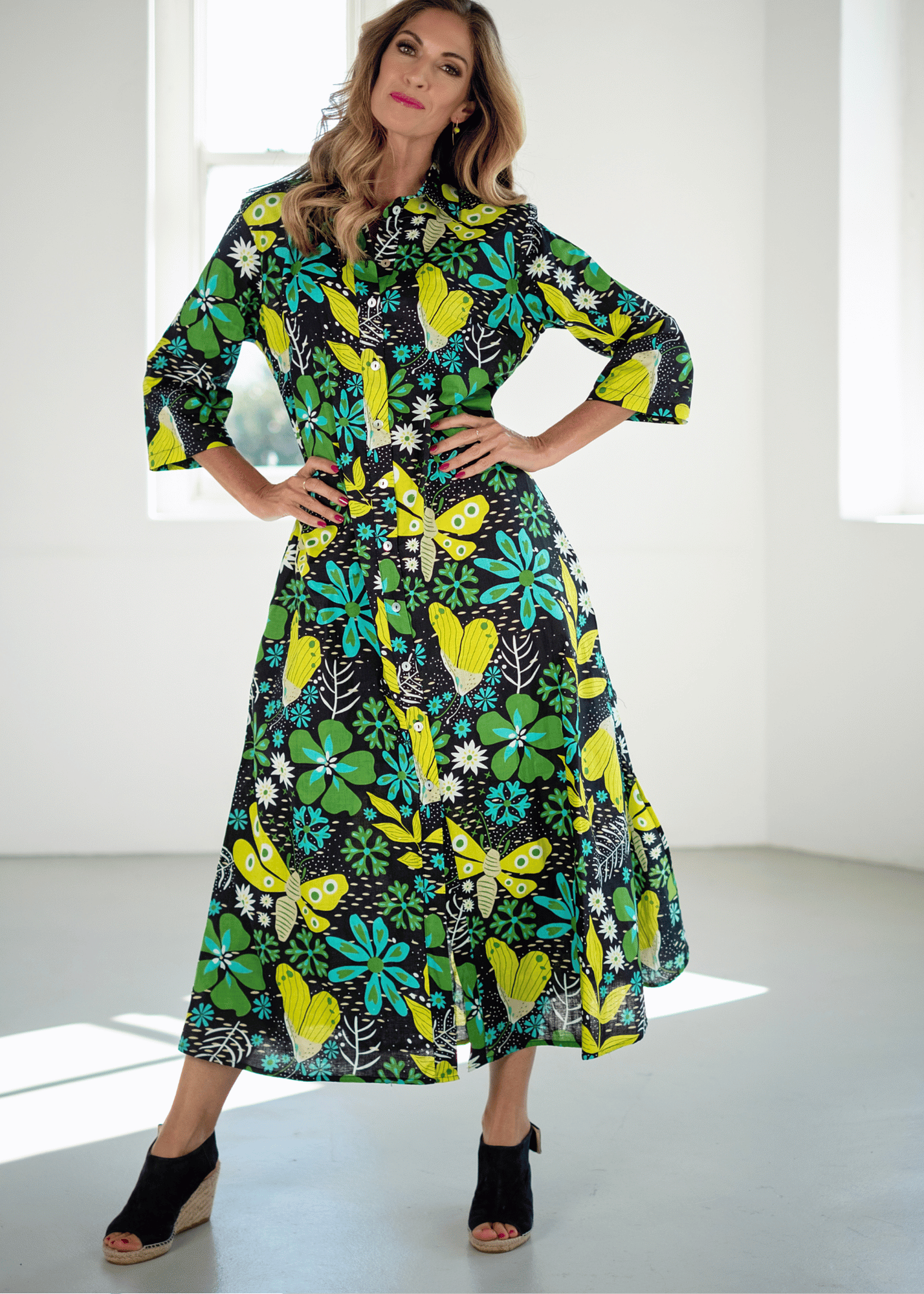 Betty Button dress, Black with Bold Lime