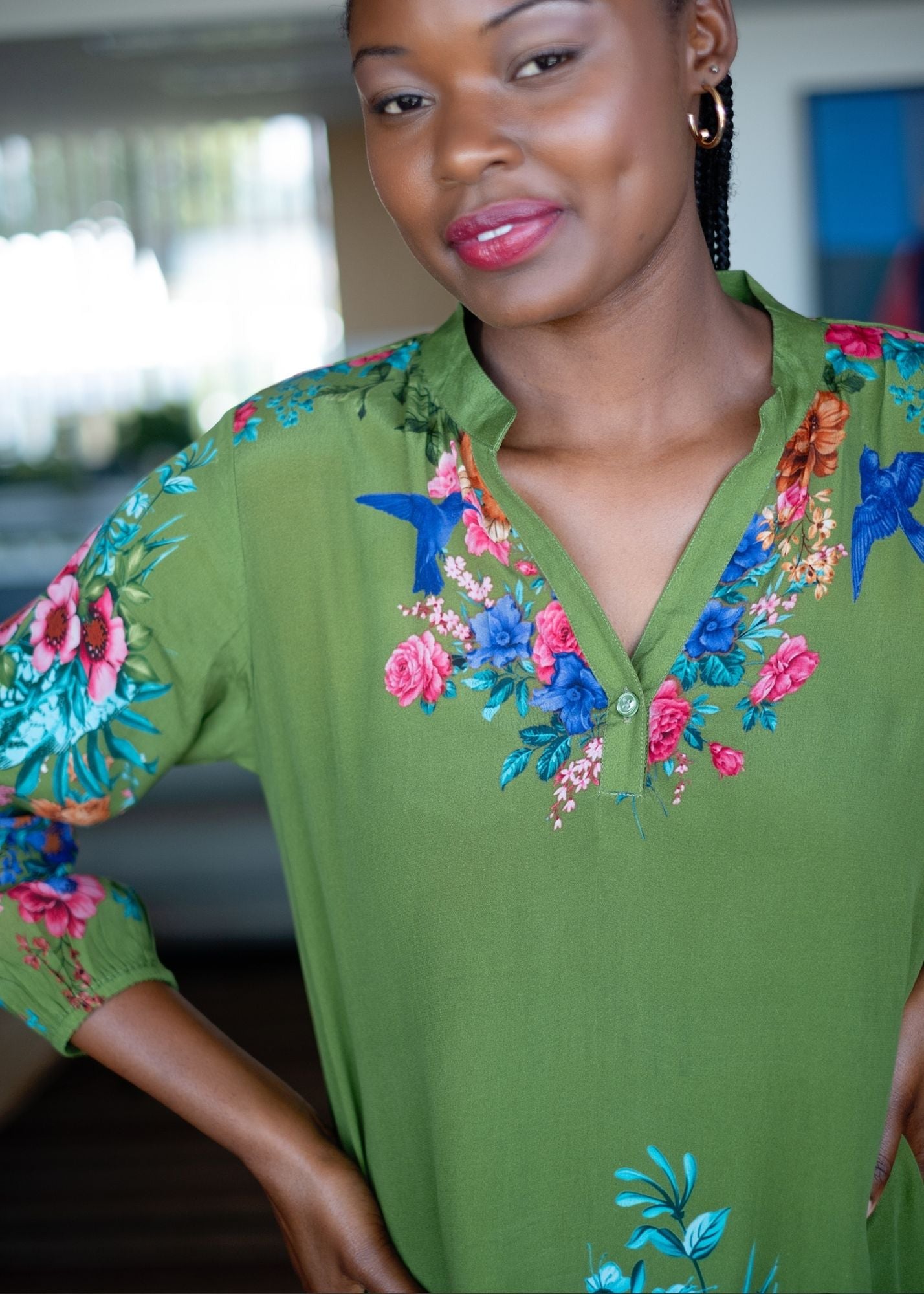 Carli Dress in Green with Pink Floral