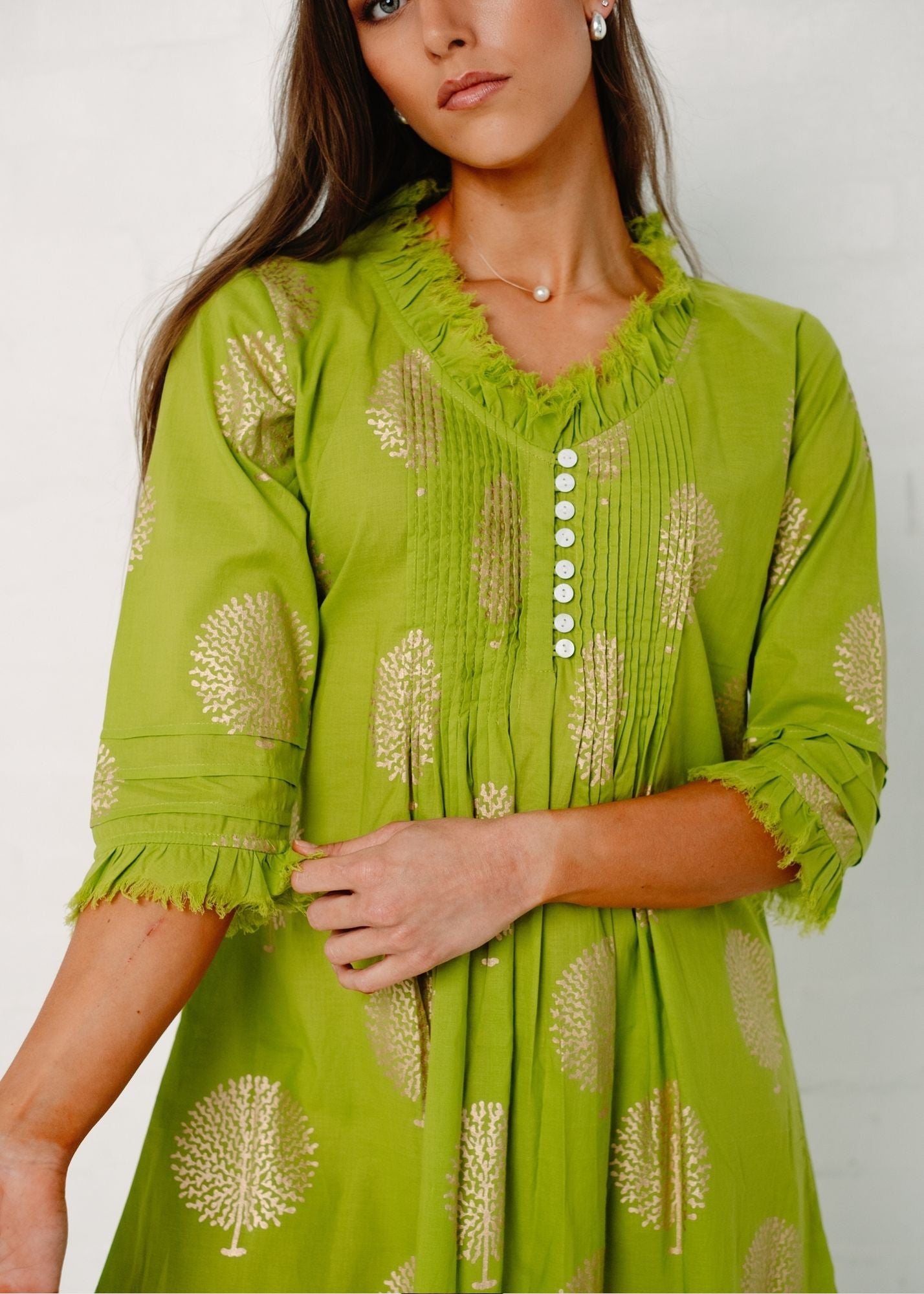 Sarah dress in Lime with Gold Tree (Long Length)