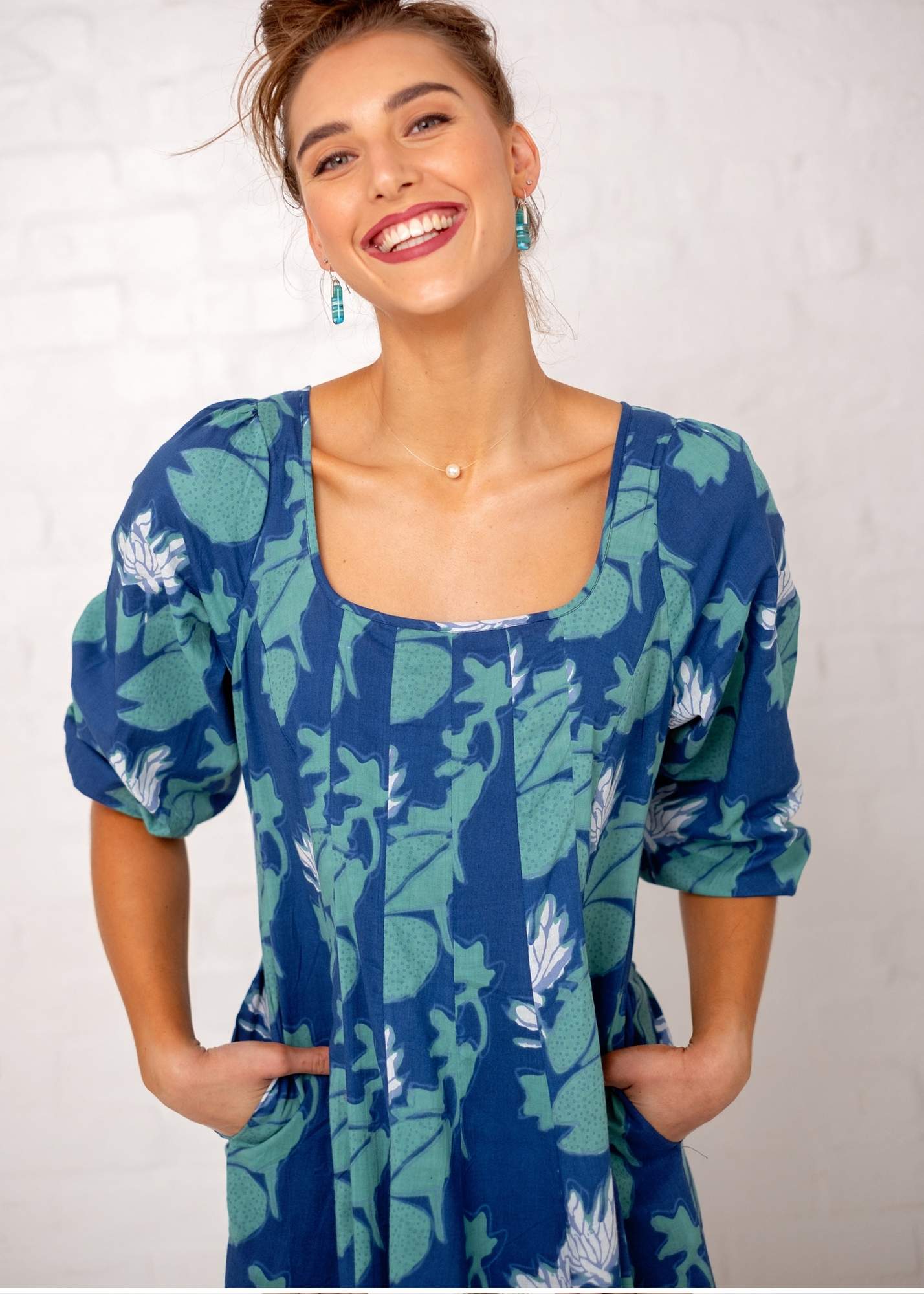 Tamsyn Dress, Blue, White and Turquoise Print - Available 6 December 2024