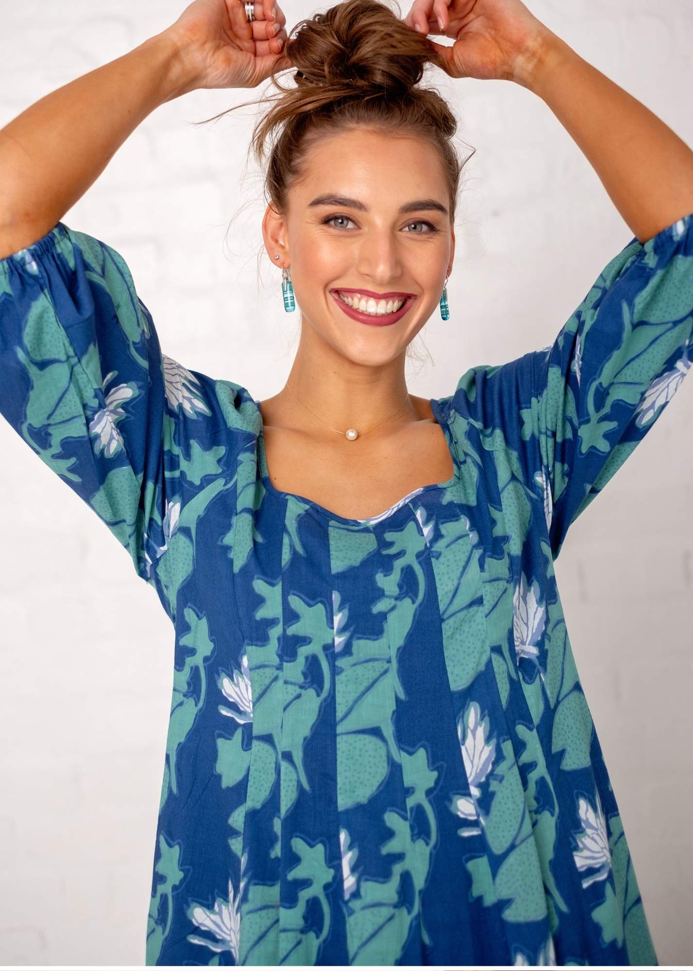 Tamsyn Dress, Blue, White and Turquoise Print - Available 6 December 2024