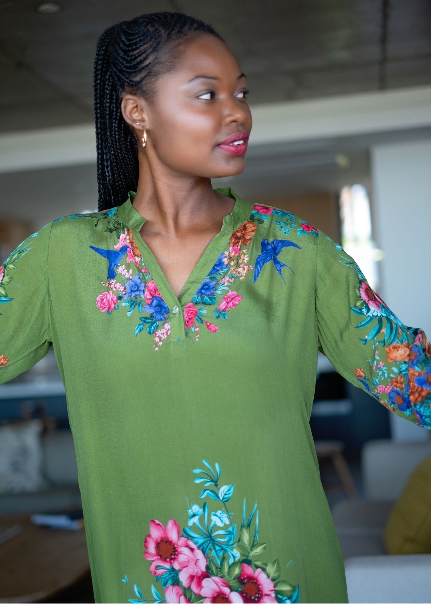Carli Dress in Green with Pink Floral