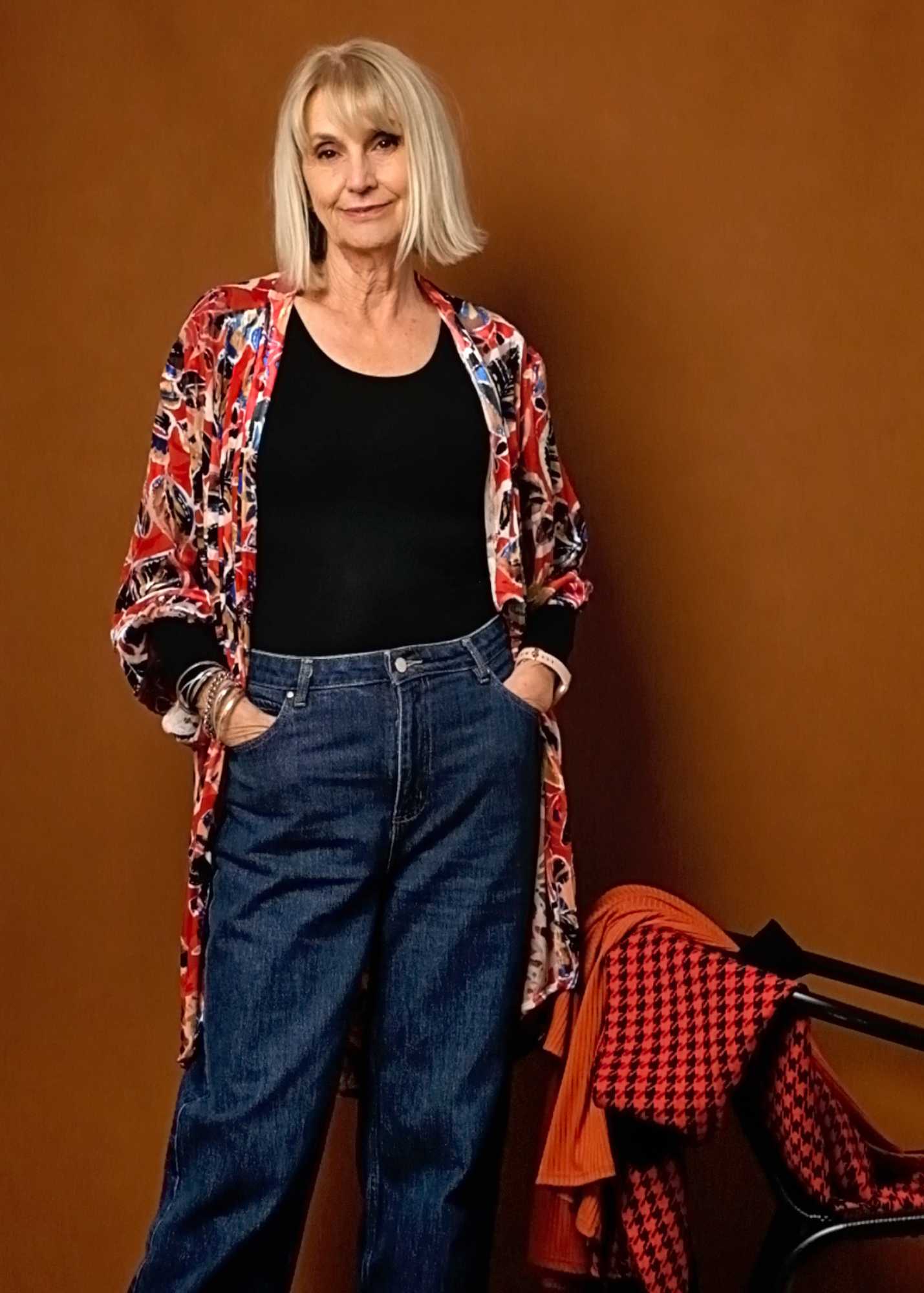 Velvet Bloom Kimono in Red and Cobalt Leaves