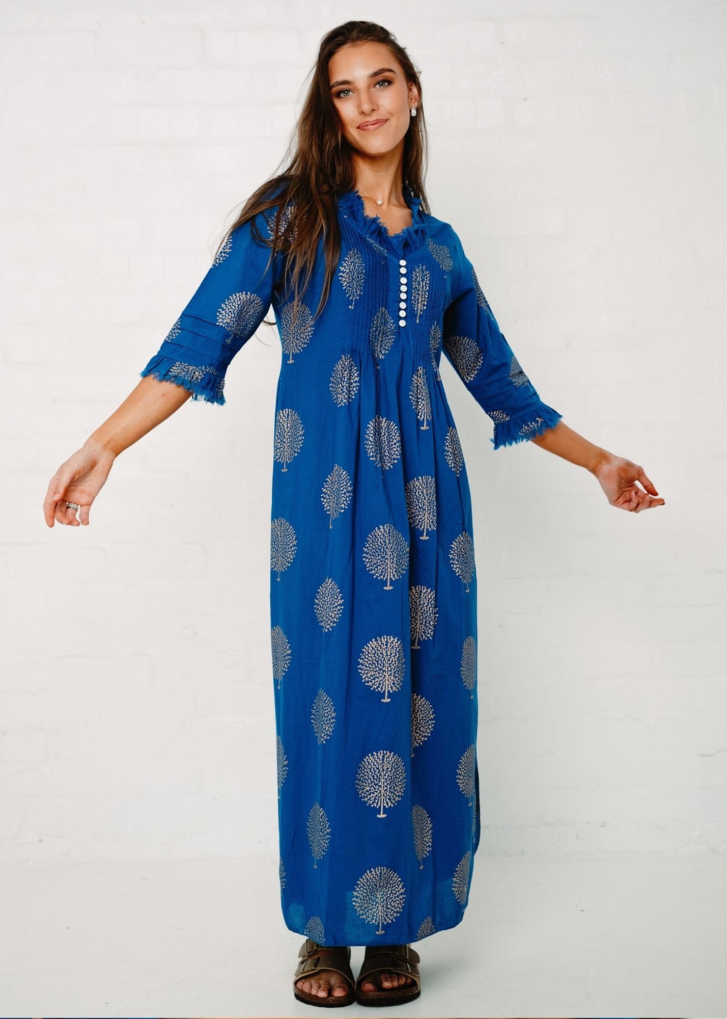 Sarah dress in Blue with Gold Tree (Long Length)