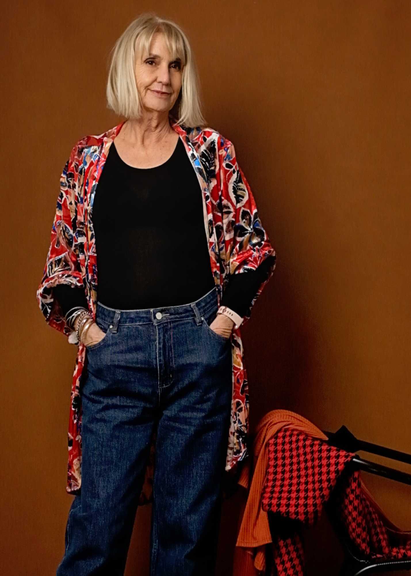 Velvet Bloom Kimono in Red and Cobalt Leaves