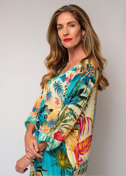 Gloria Dress with Tucked Sleeve Detail in Tropical Sunset