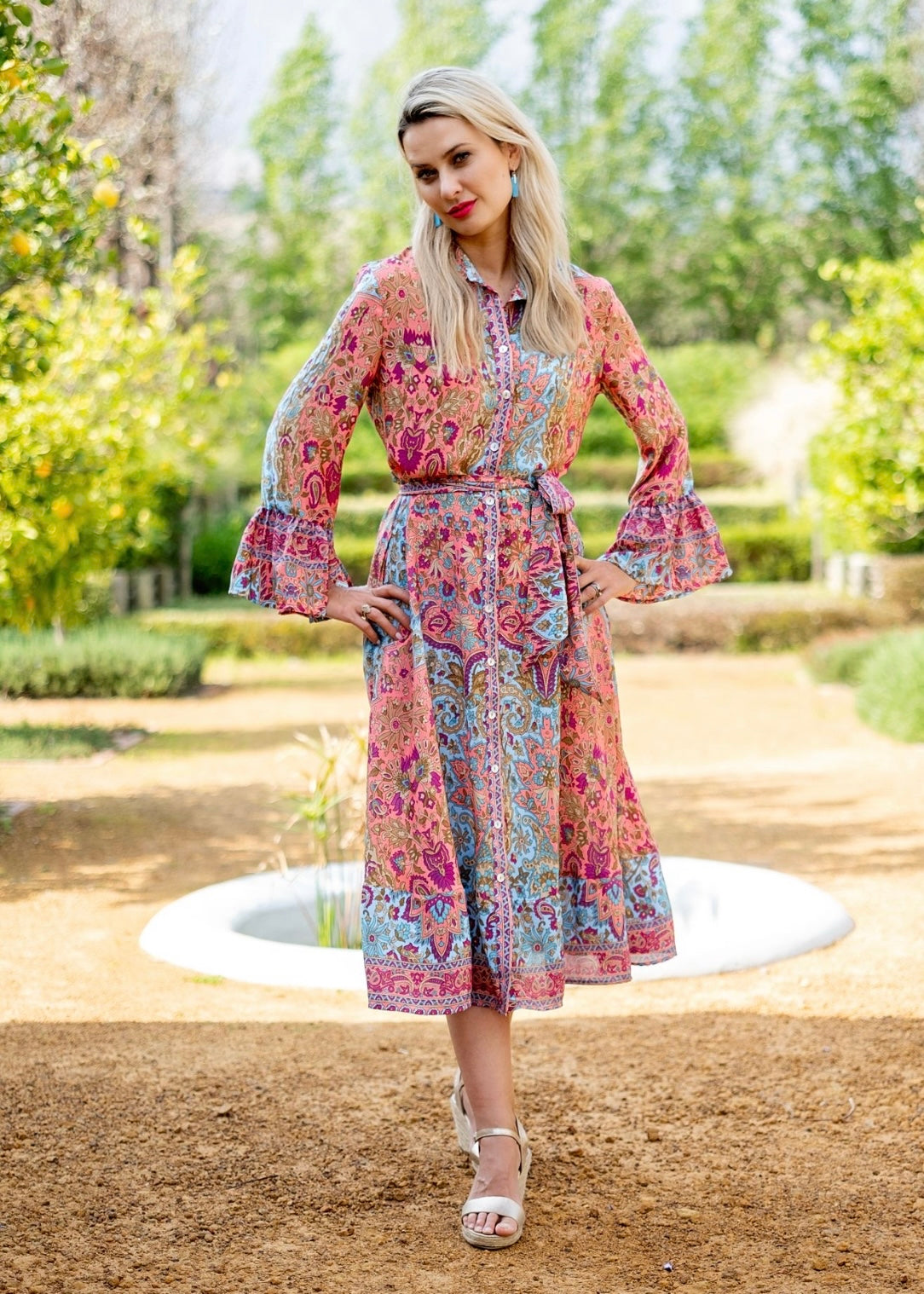 Jewel Dress, Coral Pink & blue