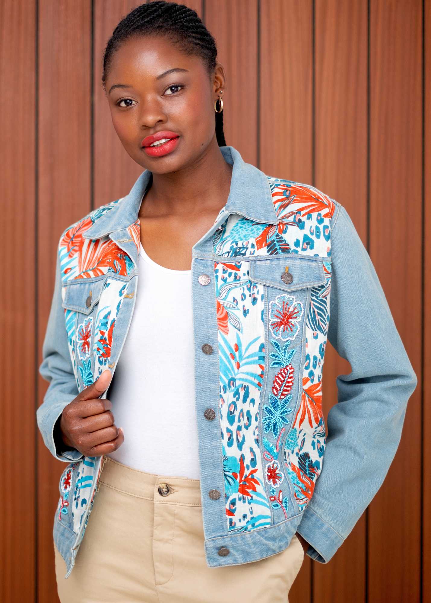 Denise Denim Jacket – Coral Bloom – Iconic Designs Shop